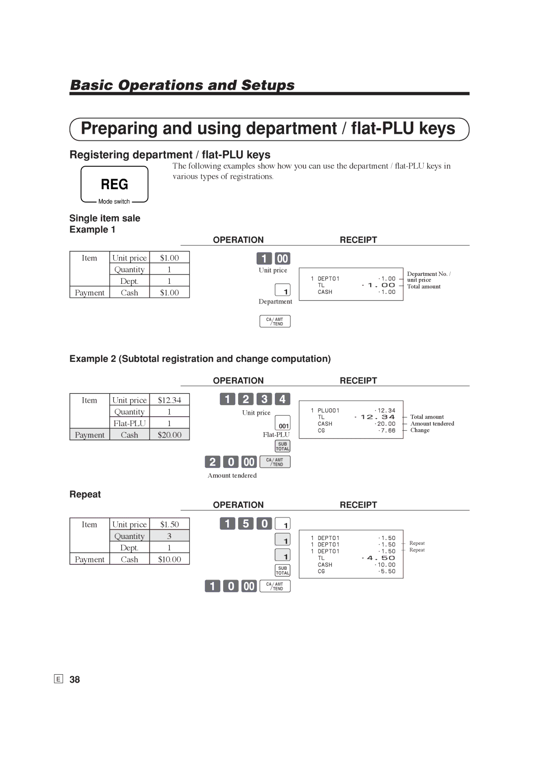 Casio SE-S6000, SE-C6000 Preparing and using department / ﬂat-PLU keys, Registering department / ﬂat-PLU keys, 1234, 150 