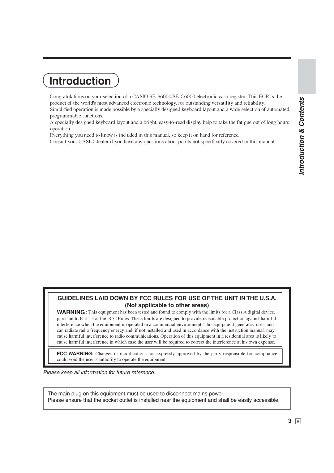 Casio SE-C6000, SE-S6000 user manual Introduction & Contents 