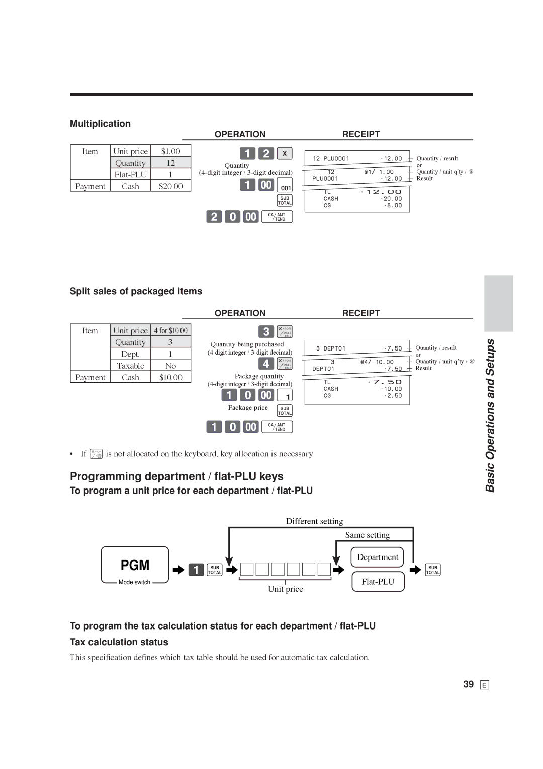 Casio SE-C6000, SE-S6000 user manual 20-F, 10-F, Operations and Setups, Programming department / ﬂat-PLU keys, Basic 