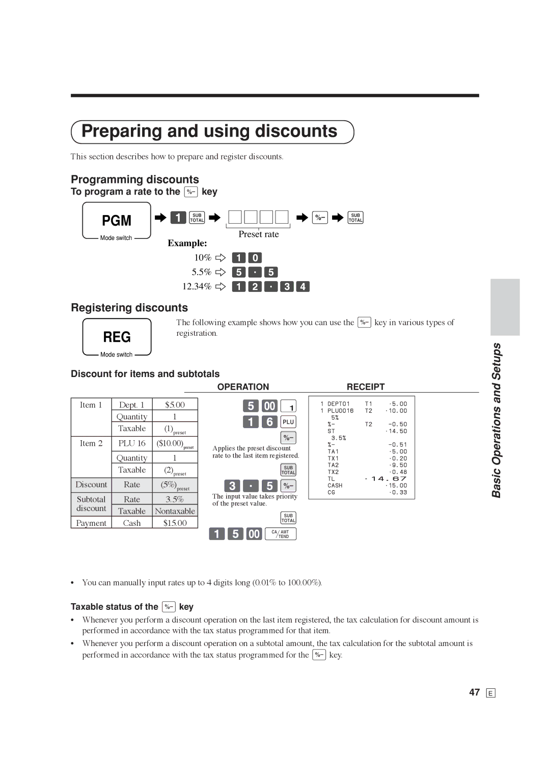 Casio SE-C6000 Preparing and using discounts, Programming discounts, Registering discounts, Setups, Basic Operations 