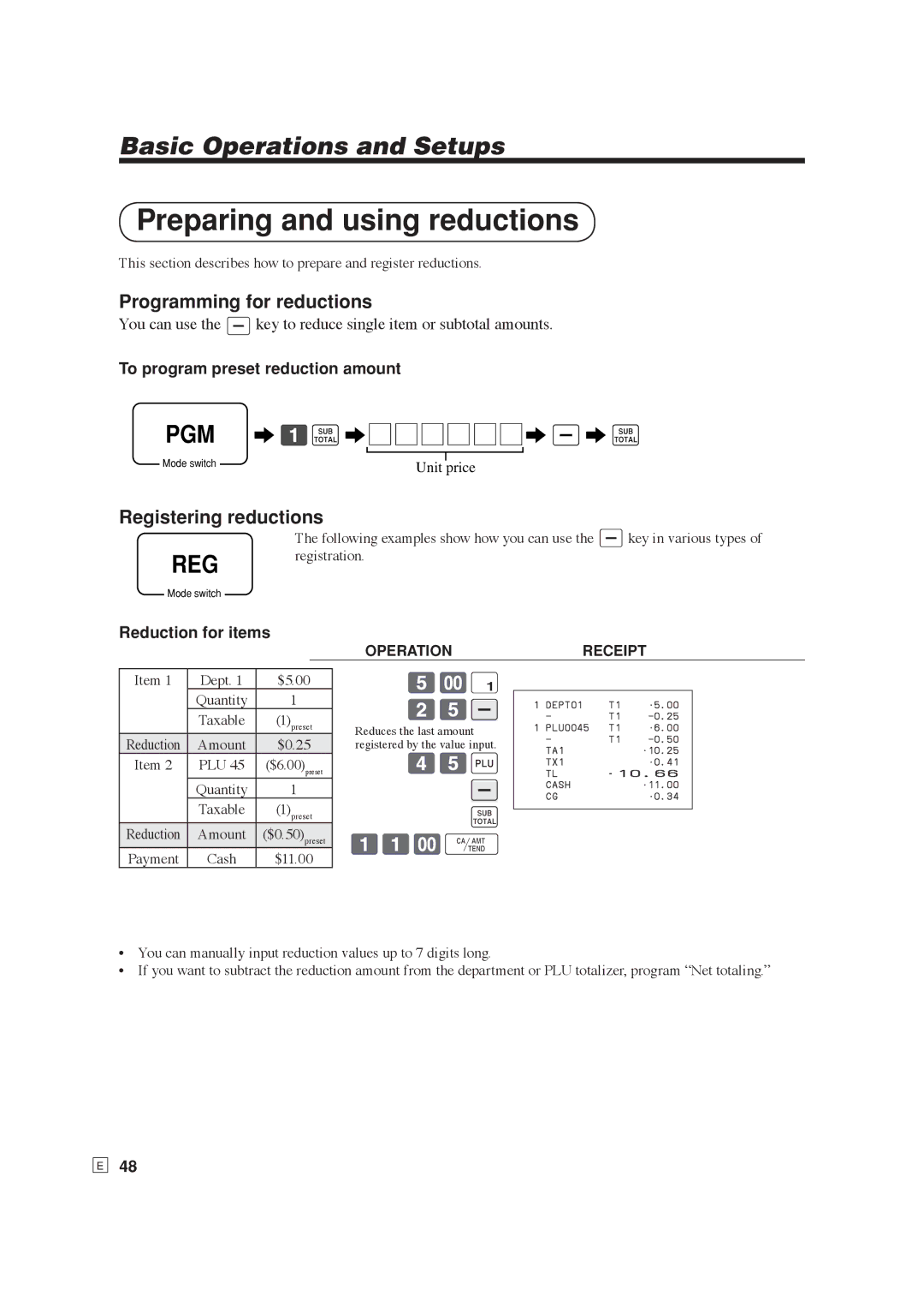 Casio SE-S6000, SE-C6000 Preparing and using reductions, Programming for reductions, Registering reductions, 45+, 11-F 