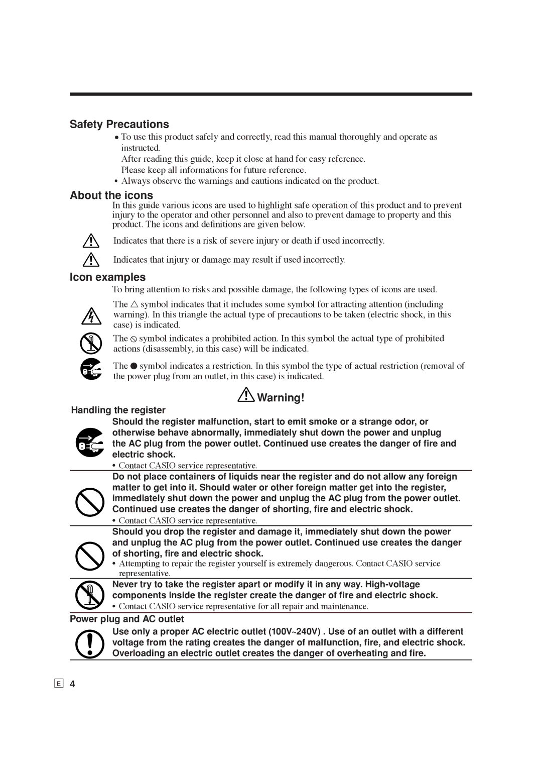 Casio SE-S6000 Safety Precautions, About the icons, Icon examples, Handling the register, Power plug and AC outlet 