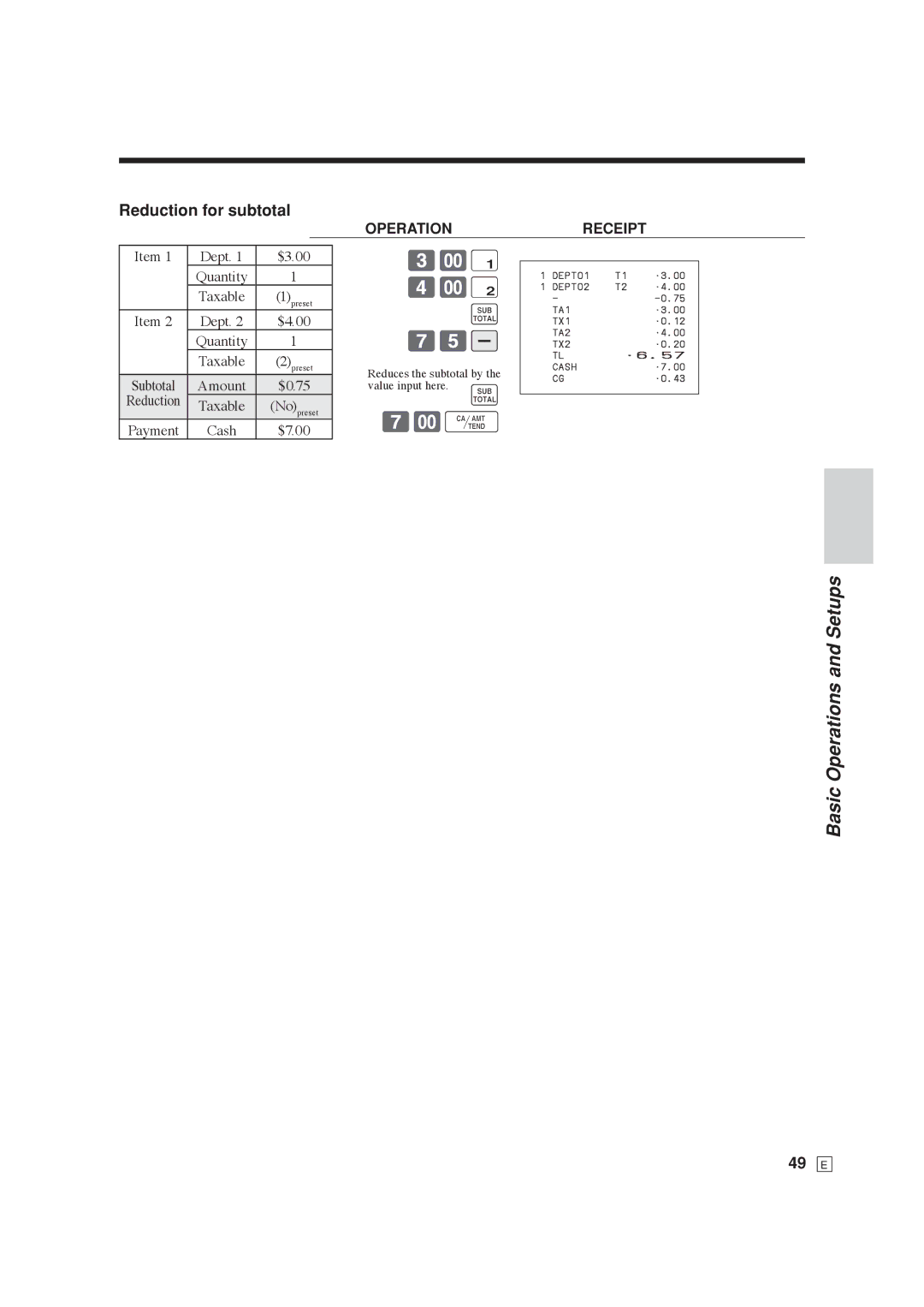 Casio SE-C6000, SE-S6000 user manual 75m, Reduction for subtotal 