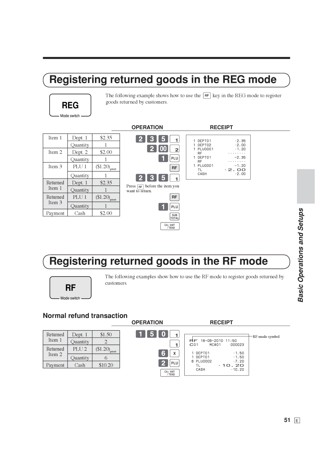 Casio SE-C6000, SE-S6000 Registering returned goods in the REG mode, Registering returned goods in the RF mode, 235 