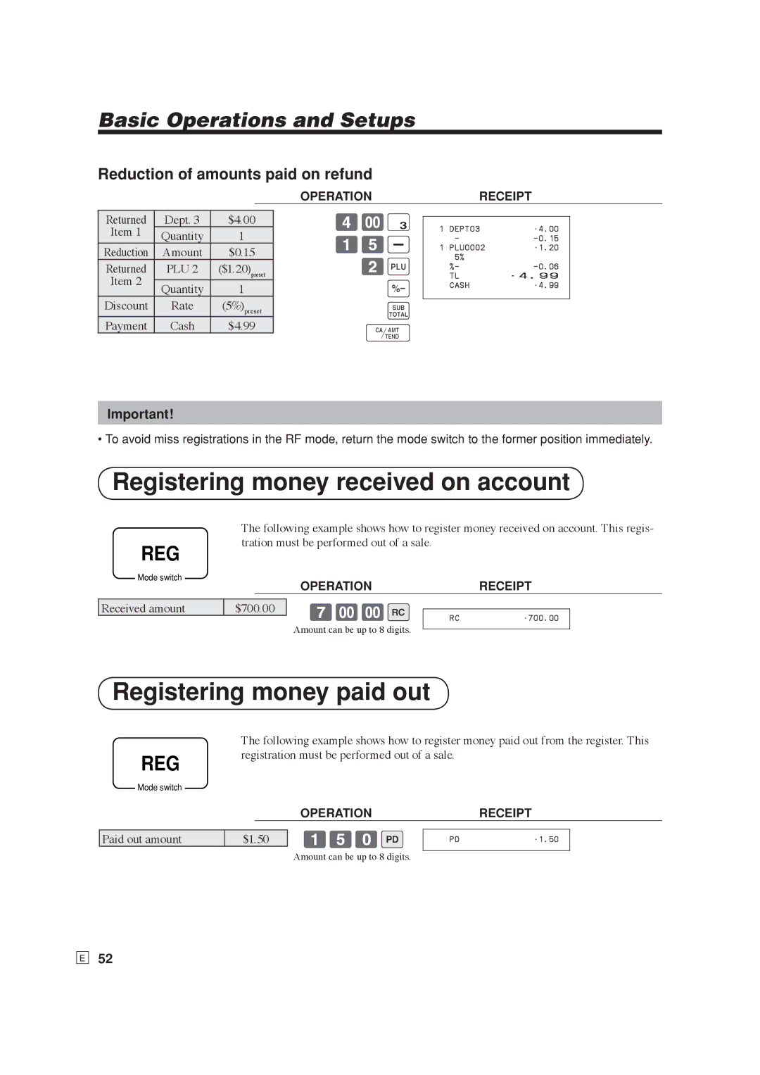 Casio SE-S6000 Registering money received on account, Registering money paid out, Reduction of amounts paid on refund, 15m 