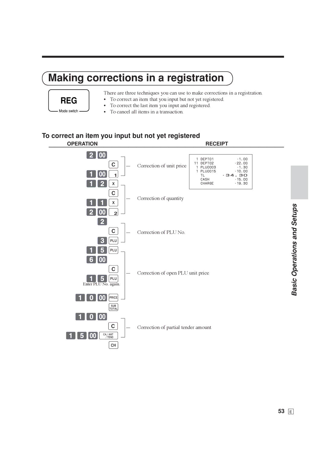 Casio SE-C6000 Making corrections in a registration, To correct an item you input but not yet registered, 15+, 10--s, 53 E 