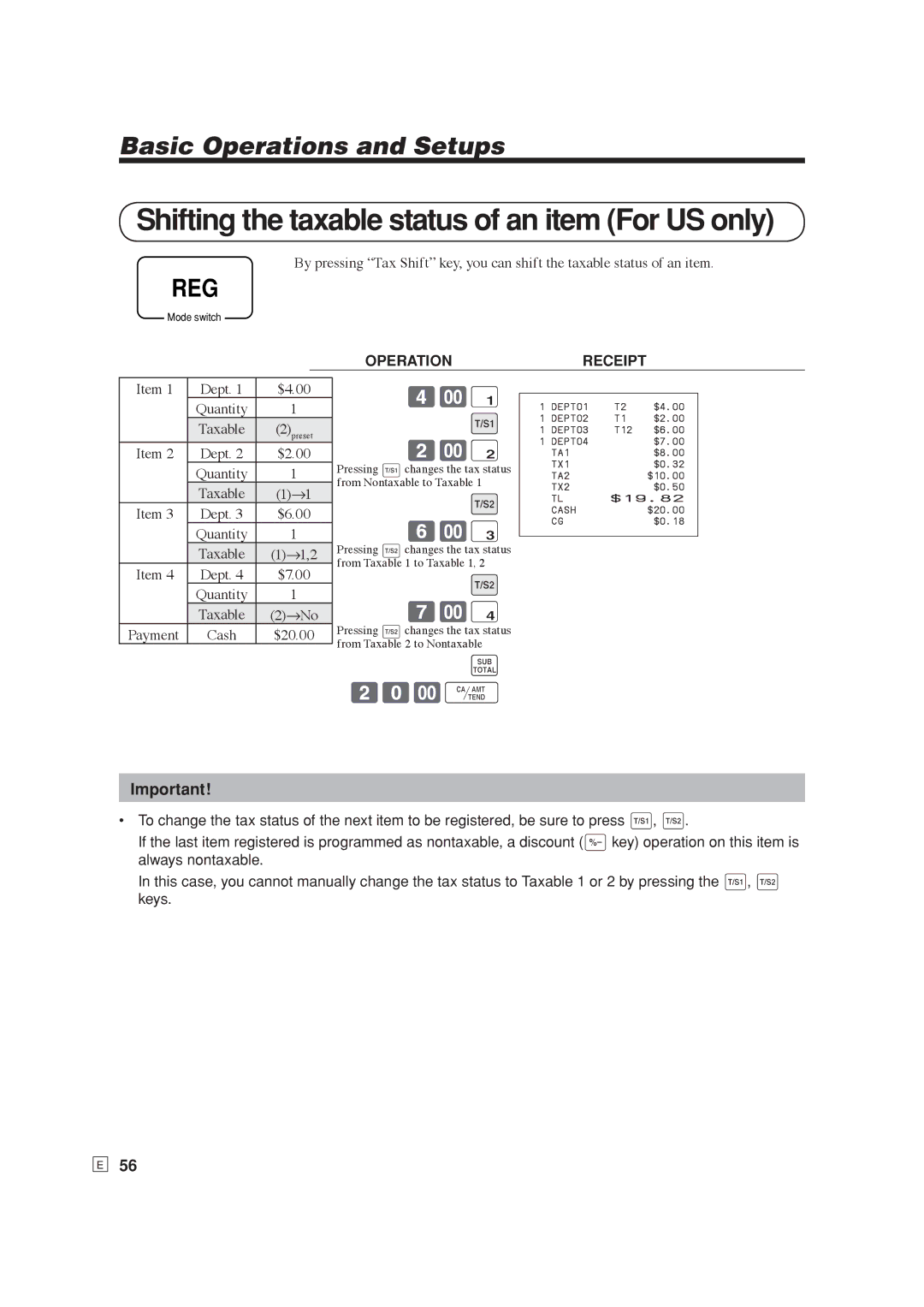 Casio SE-S6000, SE-C6000 user manual Shifting the taxable status of an item For US only, T7-$ 