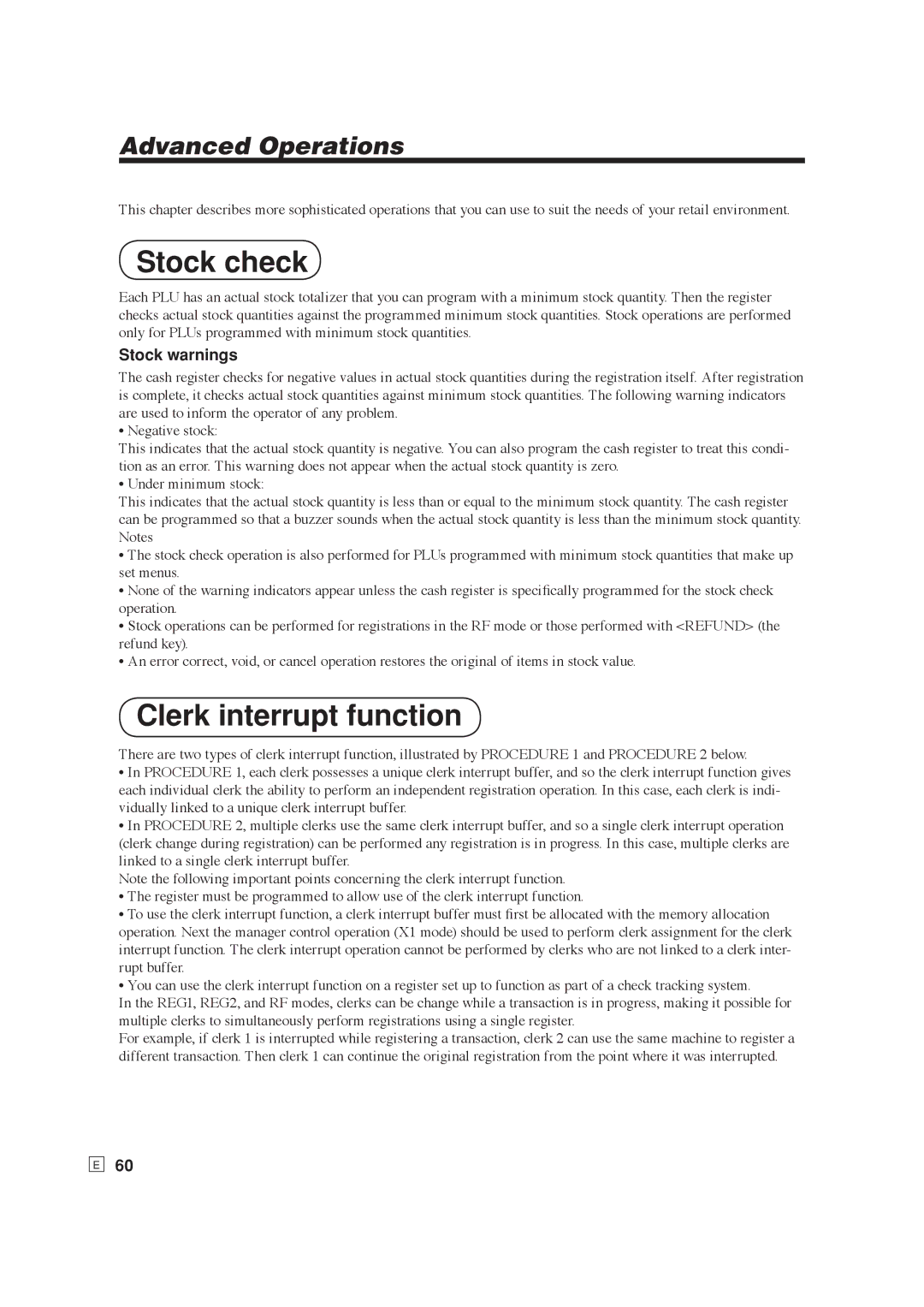 Casio SE-S6000, SE-C6000 user manual Stock check, Clerk interrupt function, Stock warnings 