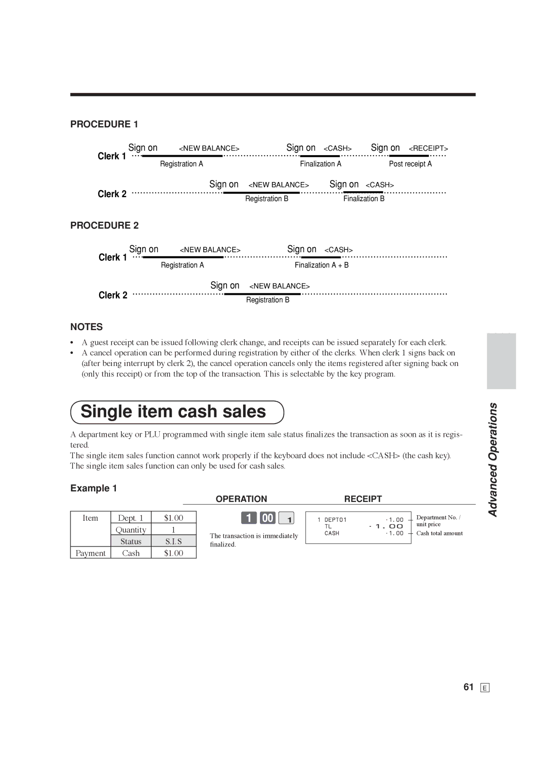 Casio SE-C6000, SE-S6000 user manual Single item cash sales, Operations 