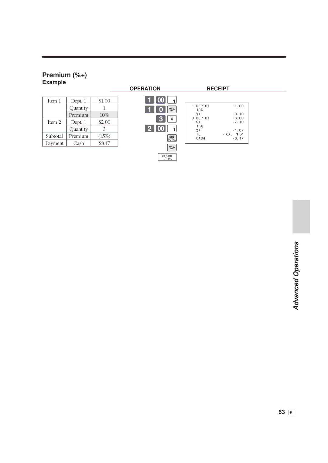 Casio SE-C6000, SE-S6000 user manual Premium %+, 10U, Advanced Operations 