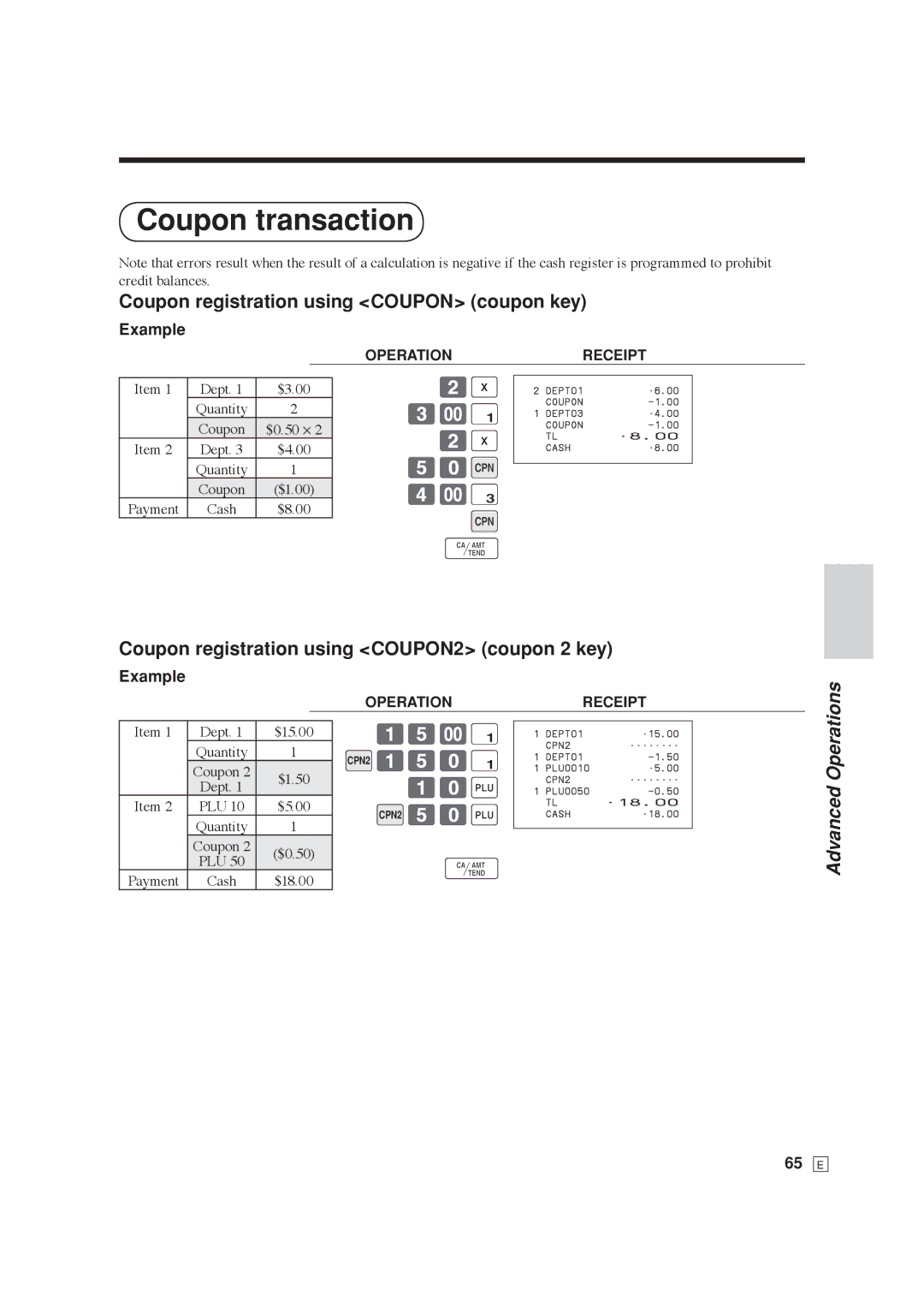 Casio SE-C6000, SE-S6000 user manual Coupon transaction, Coupon registration using Coupon coupon key, 10+, 50+ 