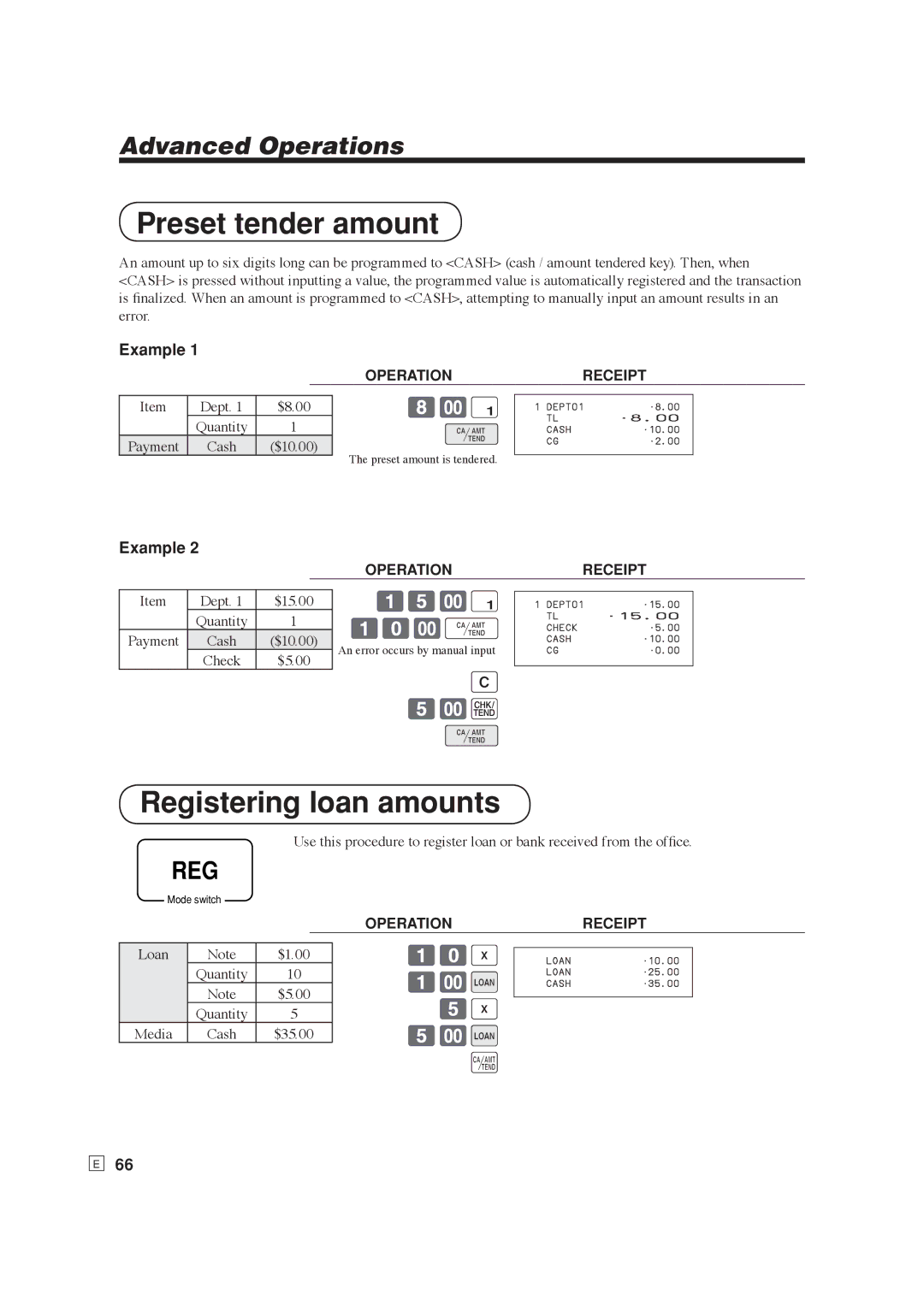 Casio SE-S6000, SE-C6000 user manual Preset tender amount, Registering loan amounts 