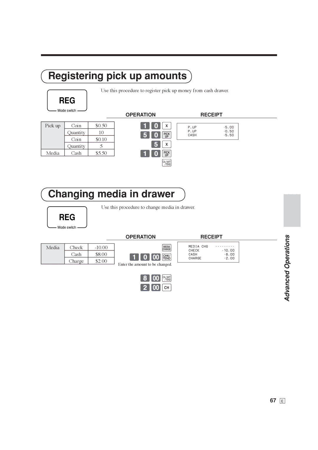 Casio SE-C6000, SE-S6000 user manual Registering pick up amounts, Changing media in drawer, 50L 10L a, 67 E 