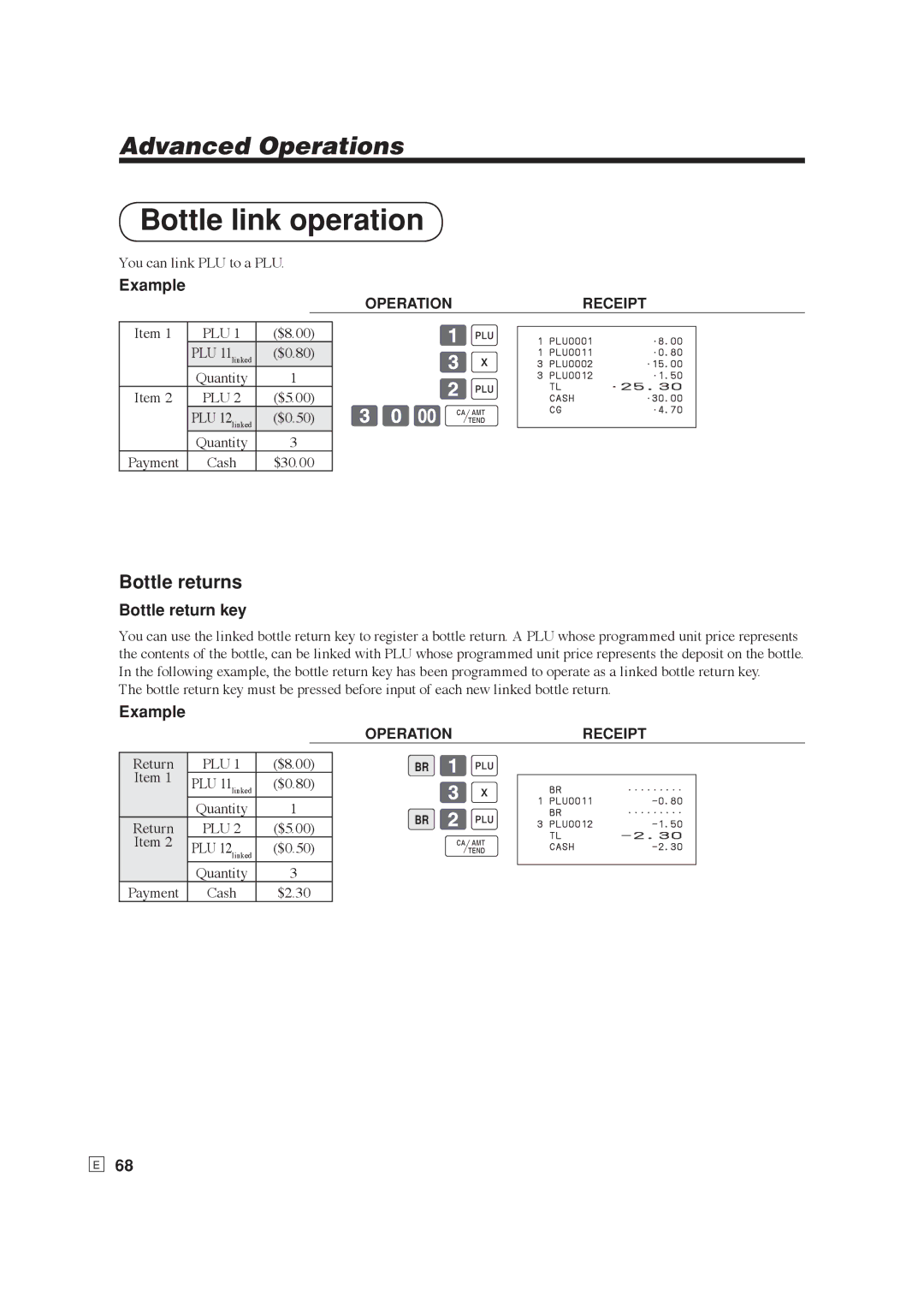 Casio SE-S6000, SE-C6000 user manual Bottle link operation, 30-F, Bottle returns, Bottle return key 