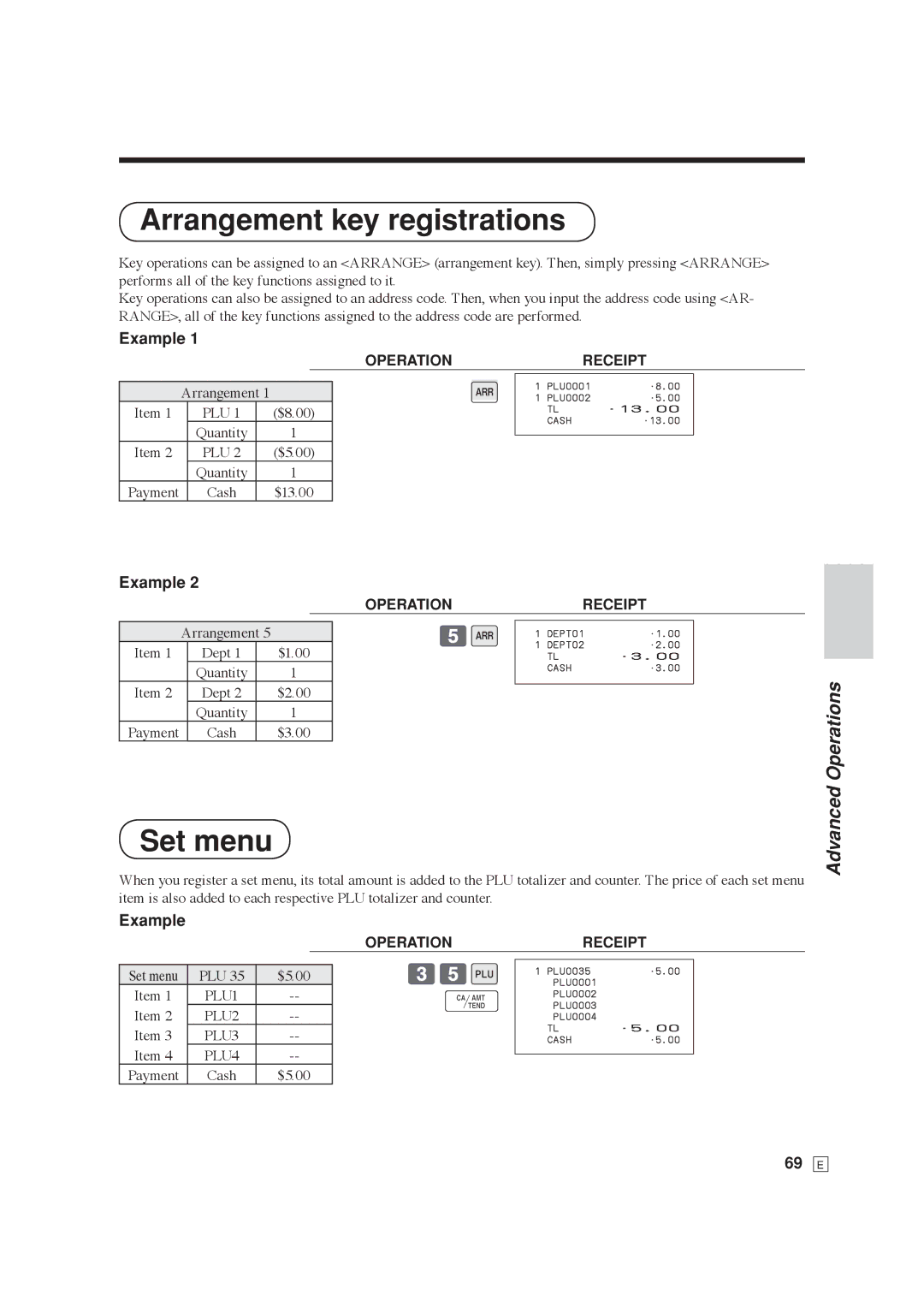 Casio SE-C6000, SE-S6000 user manual Arrangement key registrations, Set menu, Advanced, 69 E 