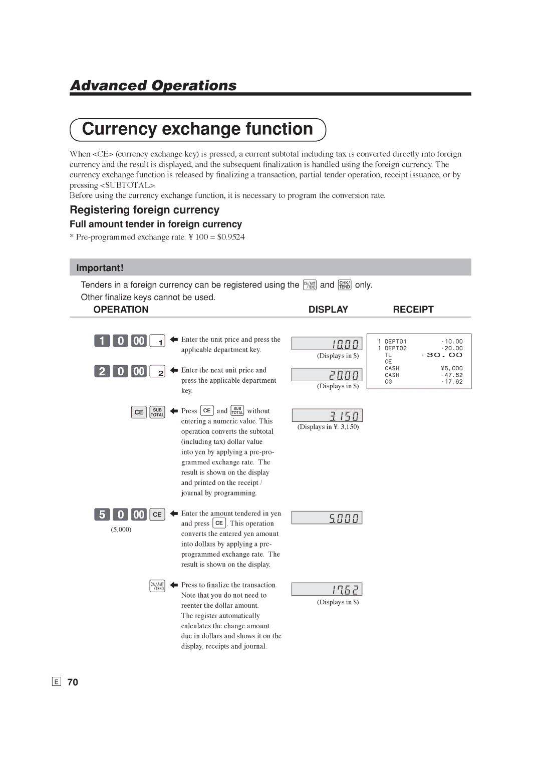 Casio SE-S6000 Currency exchange function, Registering foreign currency, 50-E, Full amount tender in foreign currency 