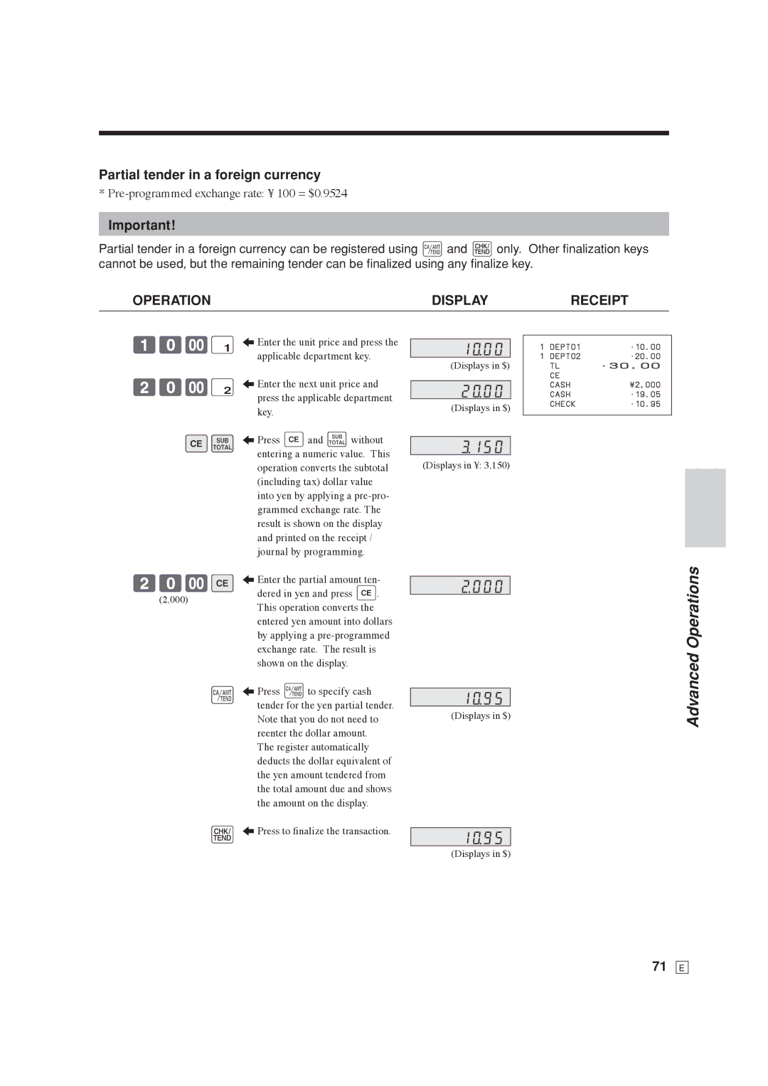 Casio SE-C6000, SE-S6000 user manual 10-!5 20-5 20-E, Partial tender in a foreign currency, 71 E 