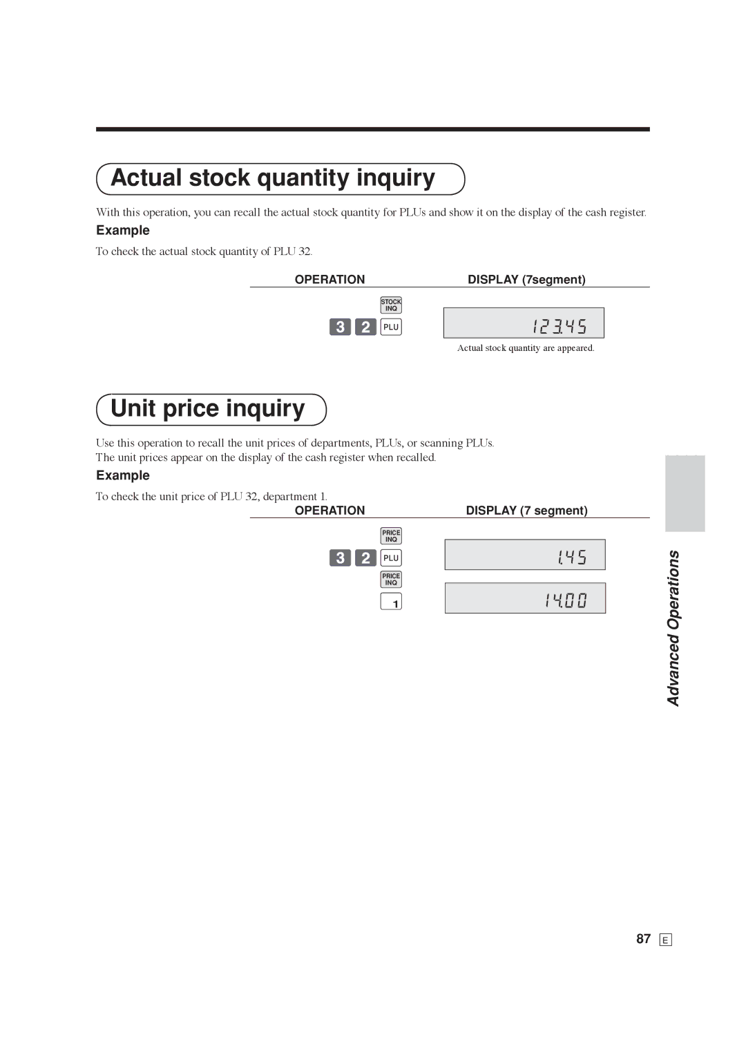 Casio SE-C6000, SE-S6000 user manual Actual stock quantity inquiry, Unit price inquiry, 32+, 87 E 