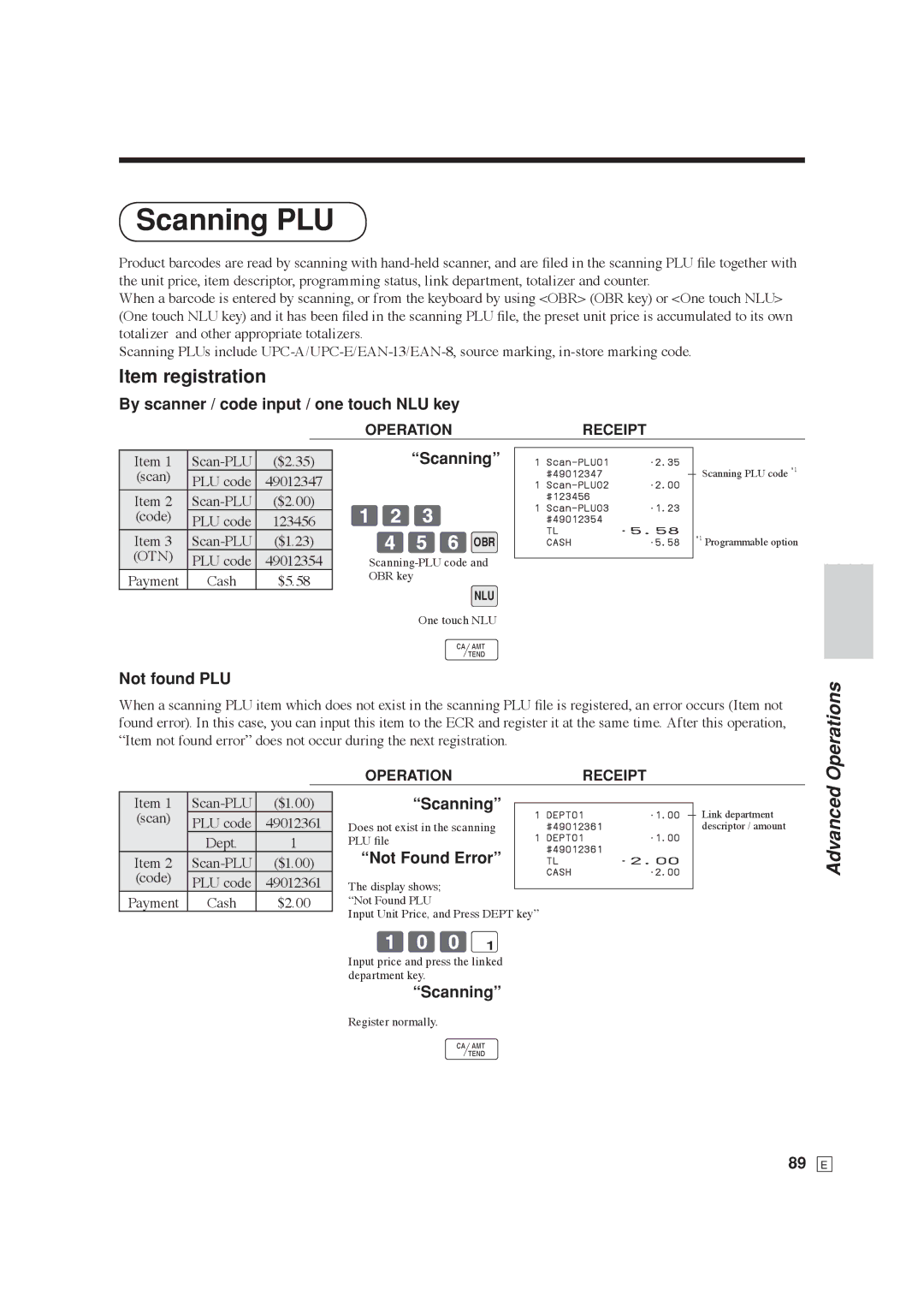 Casio SE-C6000, SE-S6000 user manual Scanning PLU, Item registration, 123 456BO R, 100 