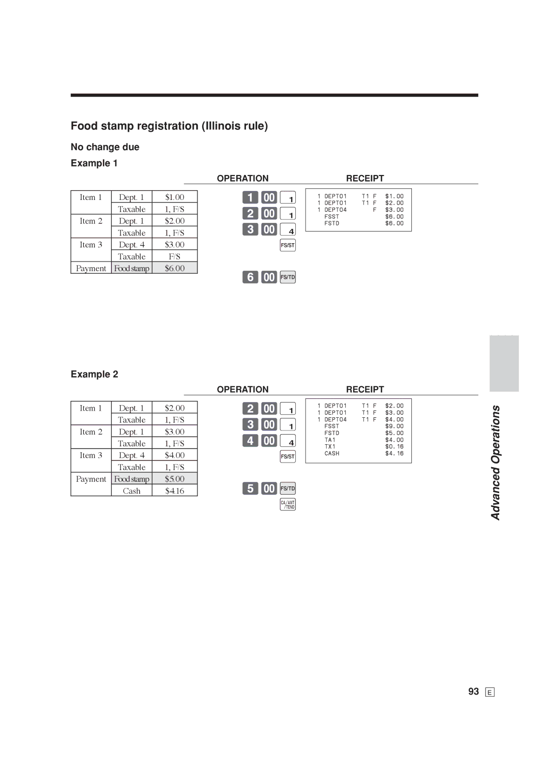 Casio SE-C6000, SE-S6000 user manual Food stamp registration Illinois rule, No change due Example, 93 E 