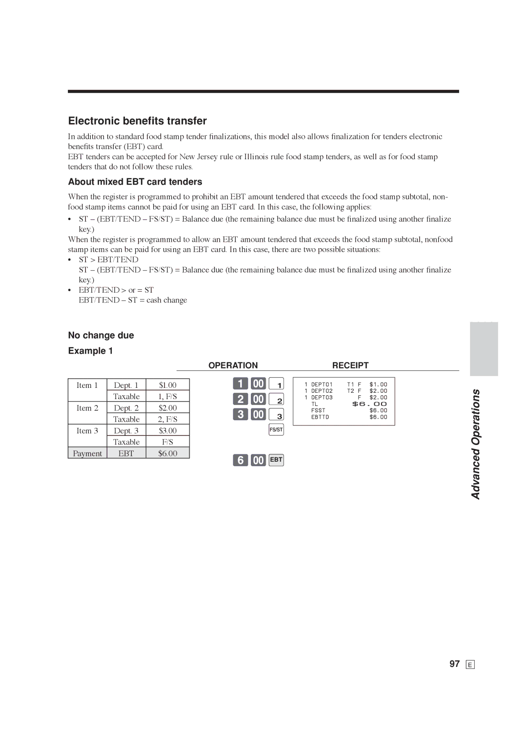 Casio SE-C6000, SE-S6000 user manual Electronic beneﬁts transfer, About mixed EBT card tenders, 97 E 