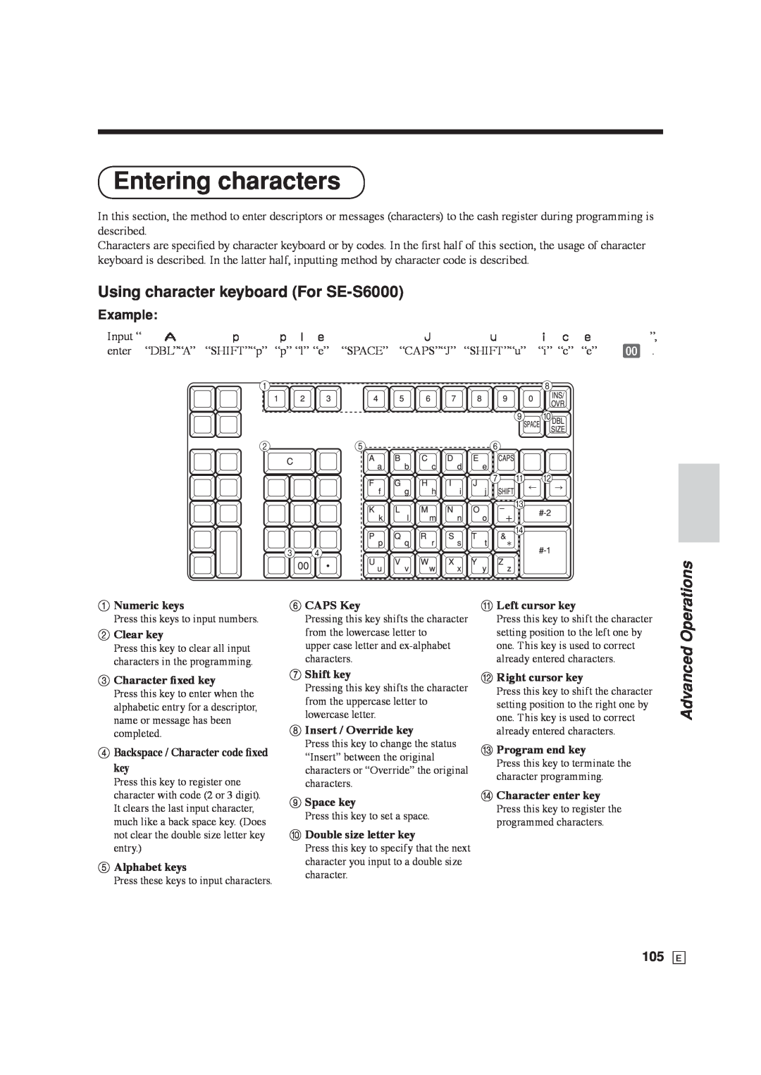 Casio SE-C6000 user manual Entering characters, Using character keyboard For SE-S6000, Advanced Operations, Example 