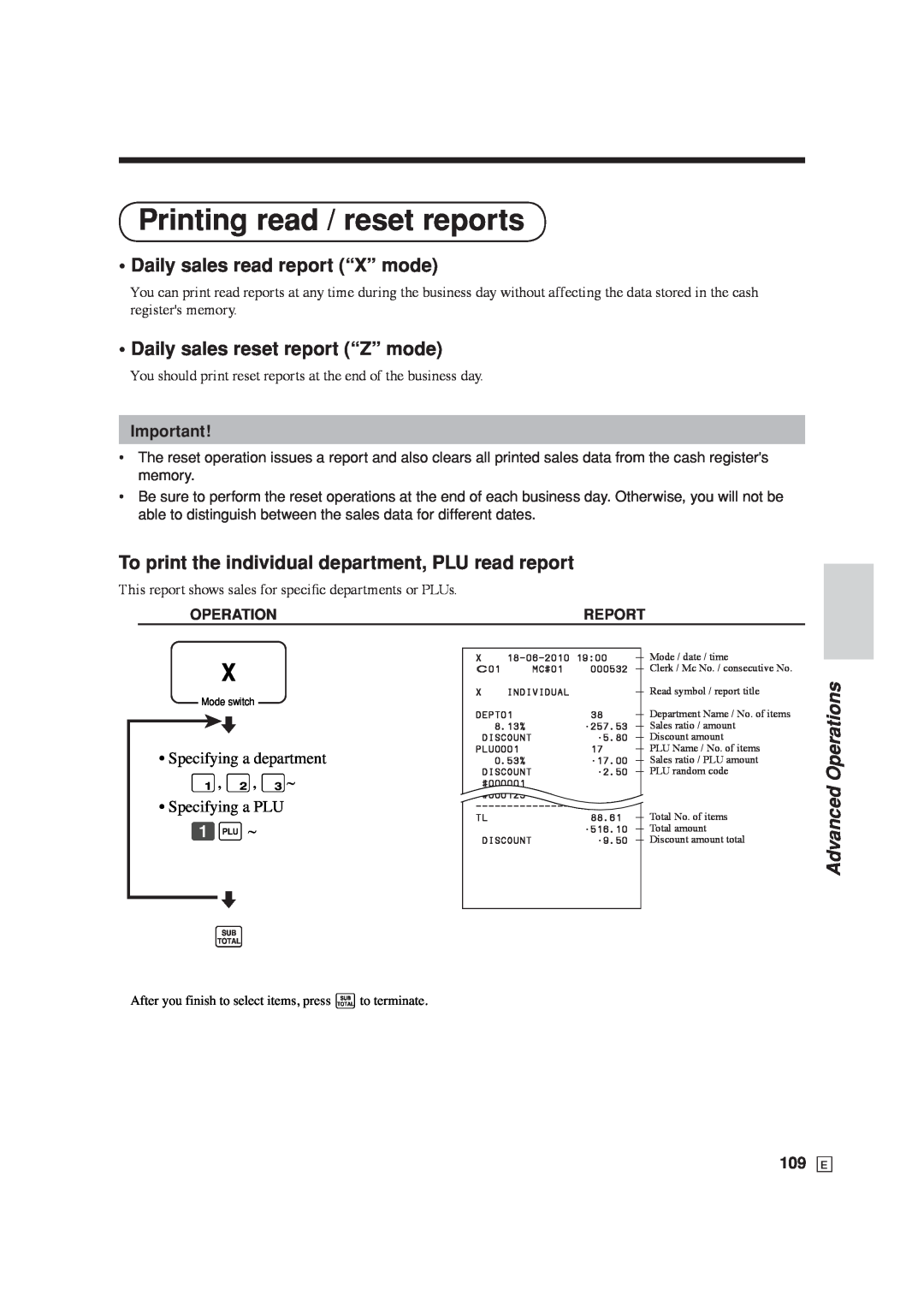 Casio SE-C6000 Printing read / reset reports, Daily sales read report “X” mode, Daily sales reset report “Z” mode 