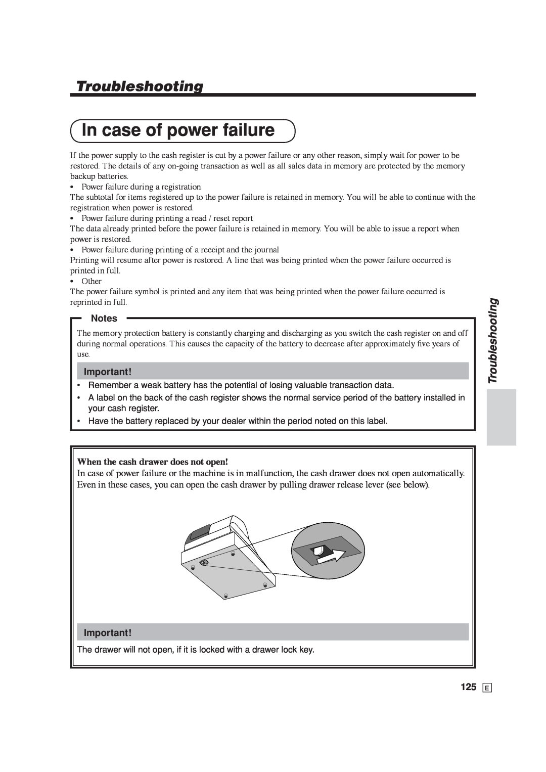 Casio SE-C6000, SE-S6000 user manual In case of power failure, Troubleshooting, When the cash drawer does not open 
