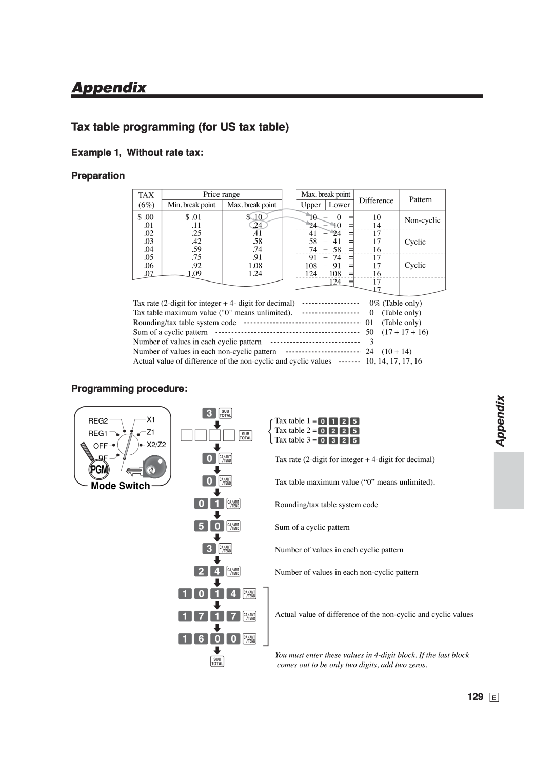 Casio SE-C6000 Appendix, Tax table programming for US tax table, Example 1, Without rate tax Preparation, Mode Switch 