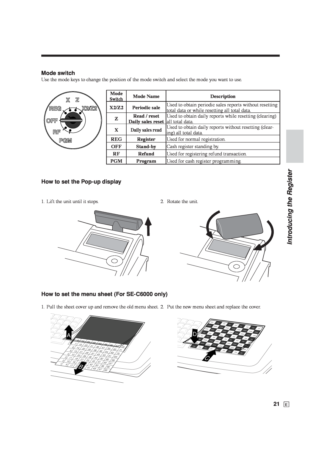 Casio SE-C6000, SE-S6000 user manual Introducing the Register, Mode switch, X2/Z2, How to set the Pop-up display 