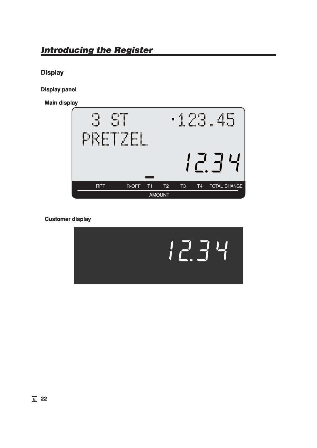 Casio SE-S6000 Display panel Main display, Customer display, 3 ST, 123.45, Pretzel, Introducing the Register, Amount 