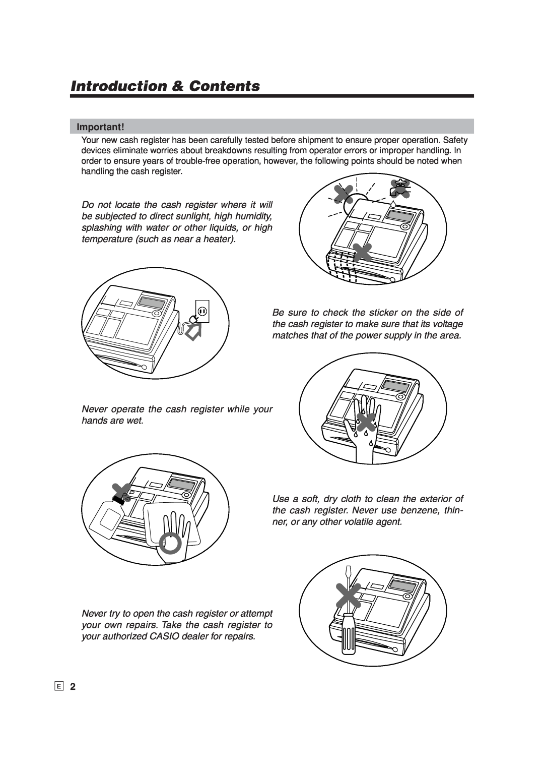 Casio SE-S6000, SE-C6000 user manual Introduction & Contents, Never operate the cash register while your hands are wet 
