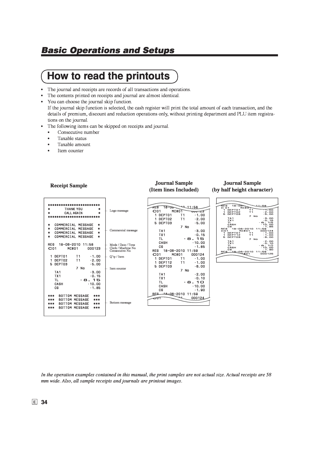 Casio SE-S6000, SE-C6000 user manual How to read the printouts, Basic Operations and Setups, Receipt Sample 