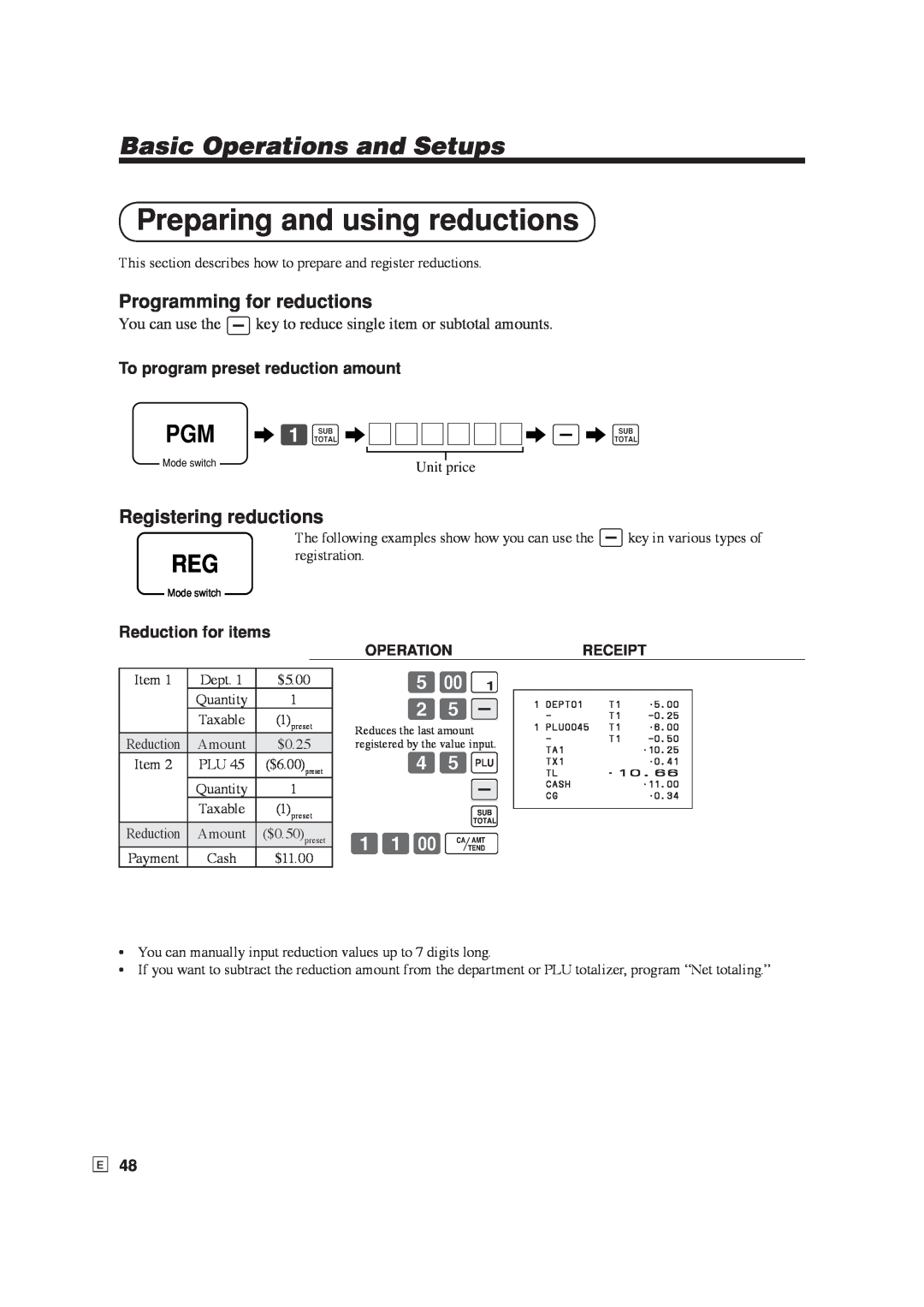Casio SE-S6000 Preparing and using reductions, Programming for reductions, Registering reductions, 11-F, PGM 6 1s6 6 m6 s 