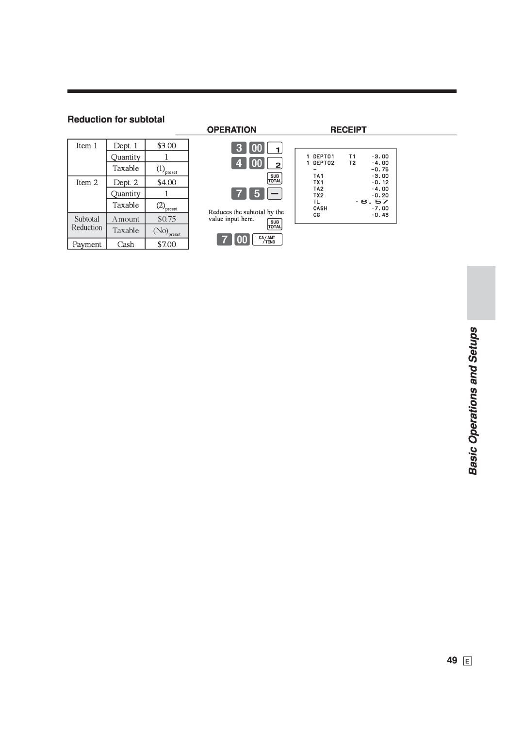 Casio SE-C6000, SE-S6000 user manual 4- s, Reduction for subtotal, Basic Operations and Setups 
