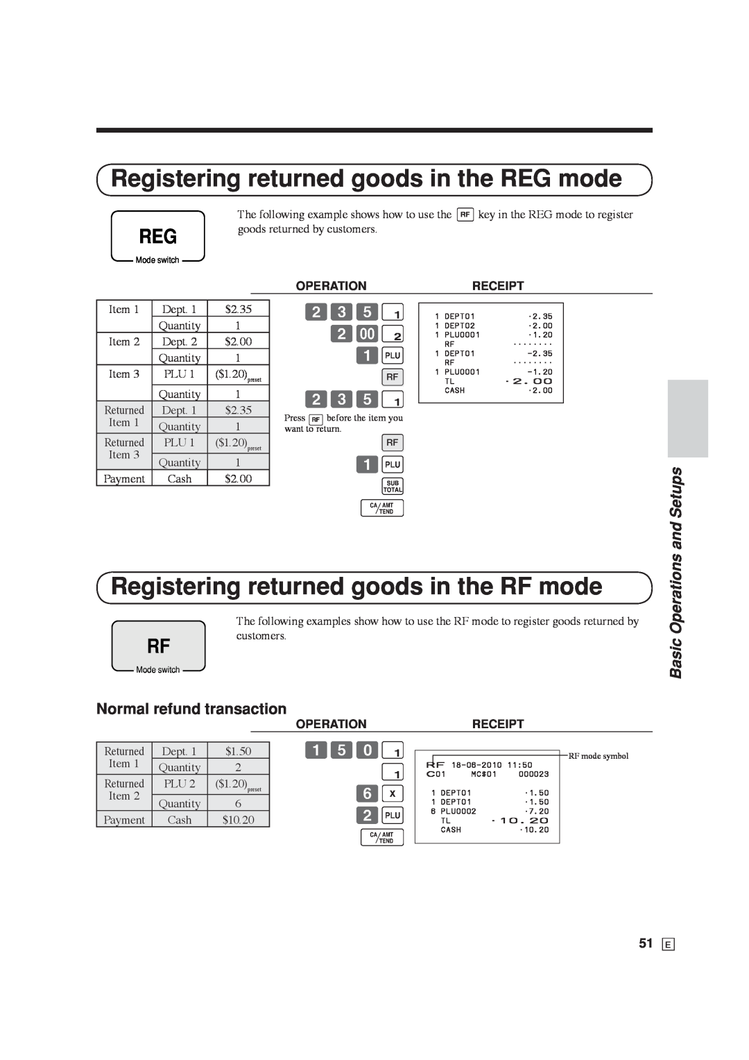 Casio SE-C6000 Registering returned goods in the REG mode, Registering returned goods in the RF mode, R 1+ s F, and Setups 