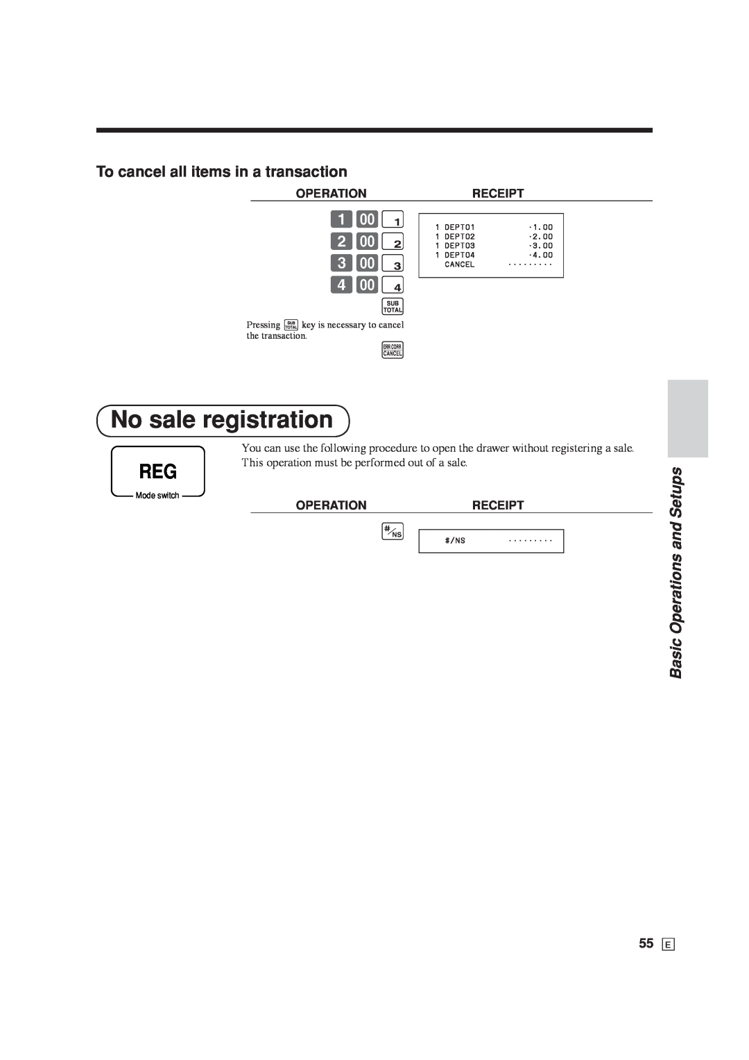 Casio SE-C6000 No sale registration, To cancel all items in a transaction, 4-$ s, Basic Operations and Setups, Mode switch 