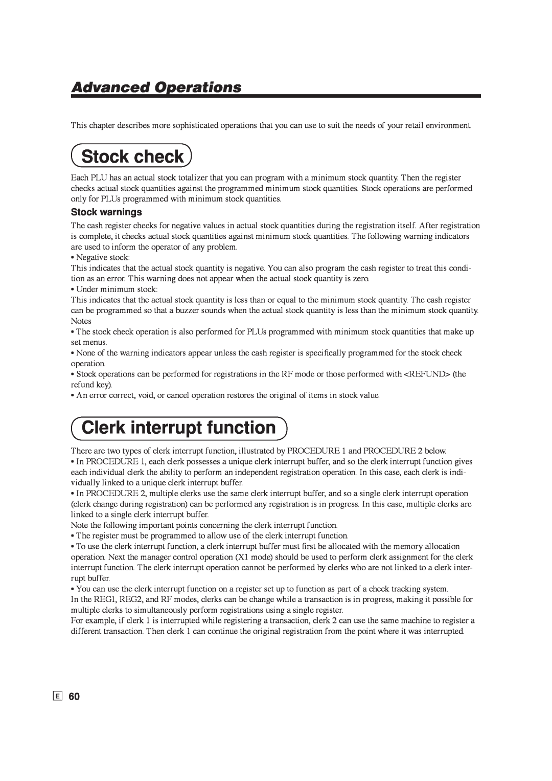 Casio SE-S6000, SE-C6000 user manual Stock check, Clerk interrupt function, Advanced Operations, Stock warnings 
