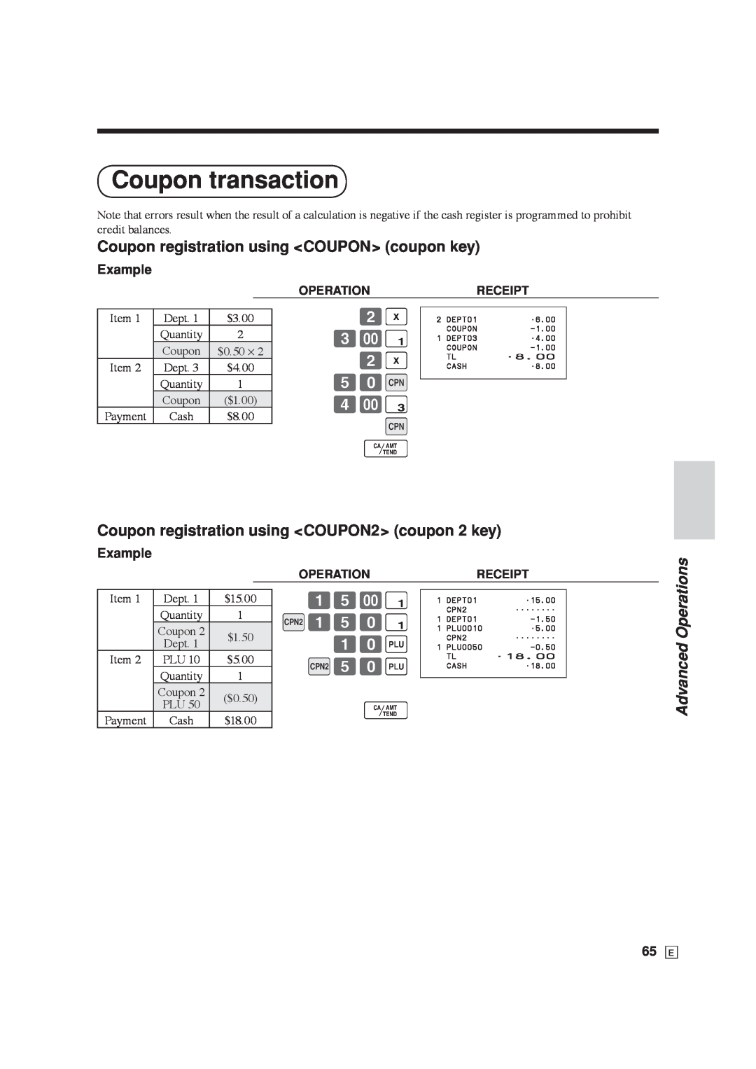 Casio SE-C6000 Coupon transaction, Coupon registration using COUPON coupon key, 65 E, Advanced Operations, Example 
