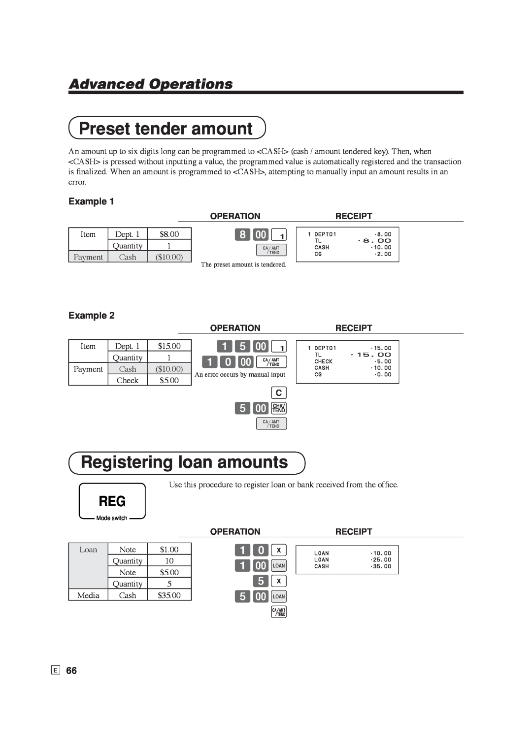 Casio SE-S6000 Preset tender amount, Registering loan amounts, C 5-k F, 5-l a, Advanced Operations, 10-F, Example 