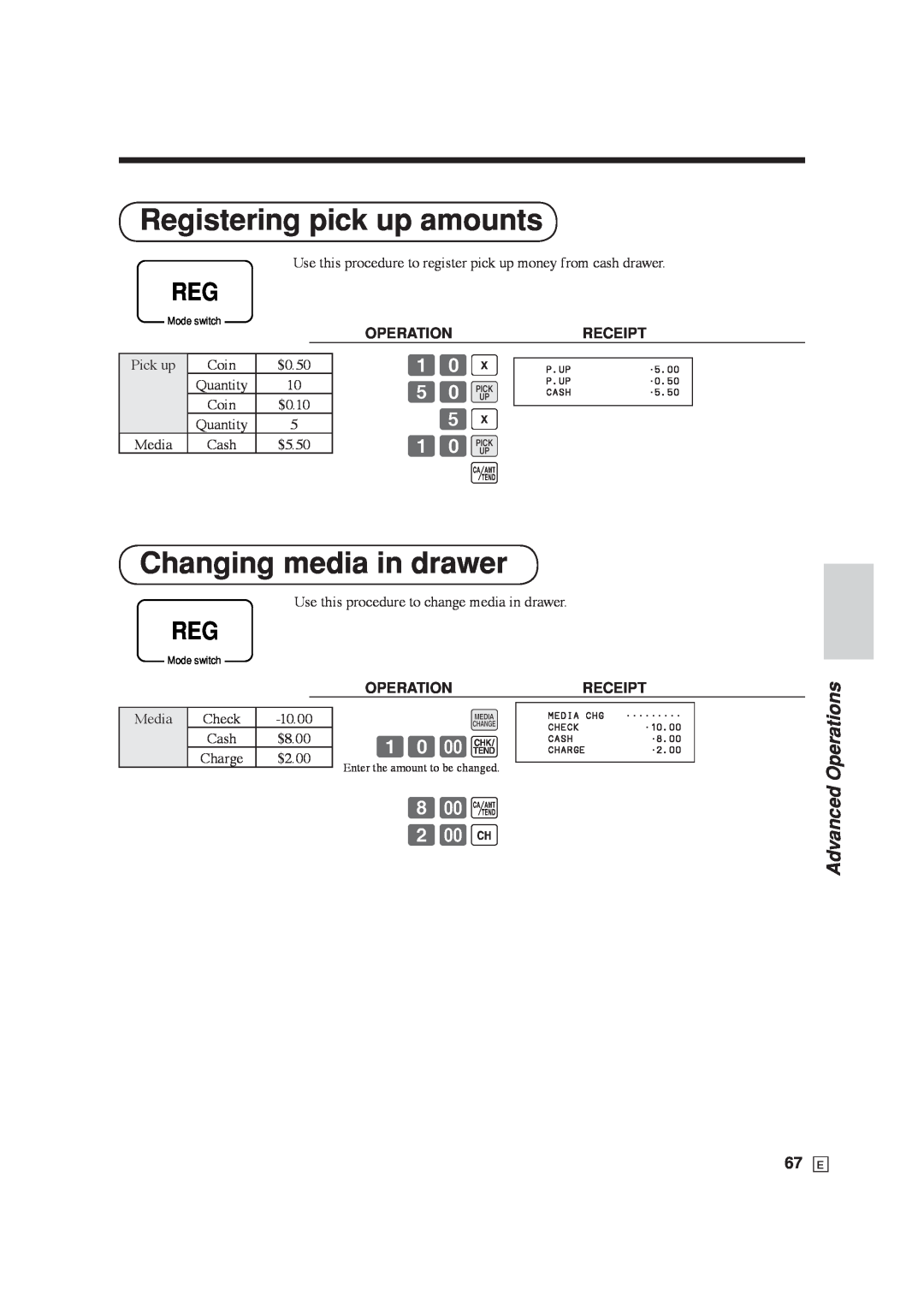 Casio SE-C6000, SE-S6000 user manual Registering pick up amounts, Changing media in drawer, 10L a, i 10-k, 8-a 2-h, 67 E 