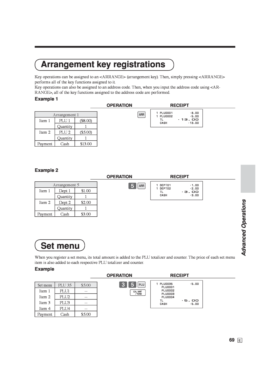 Casio SE-C6000, SE-S6000 user manual Arrangement key registrations, Set menu, Advanced, 69 E, Operations, Example 