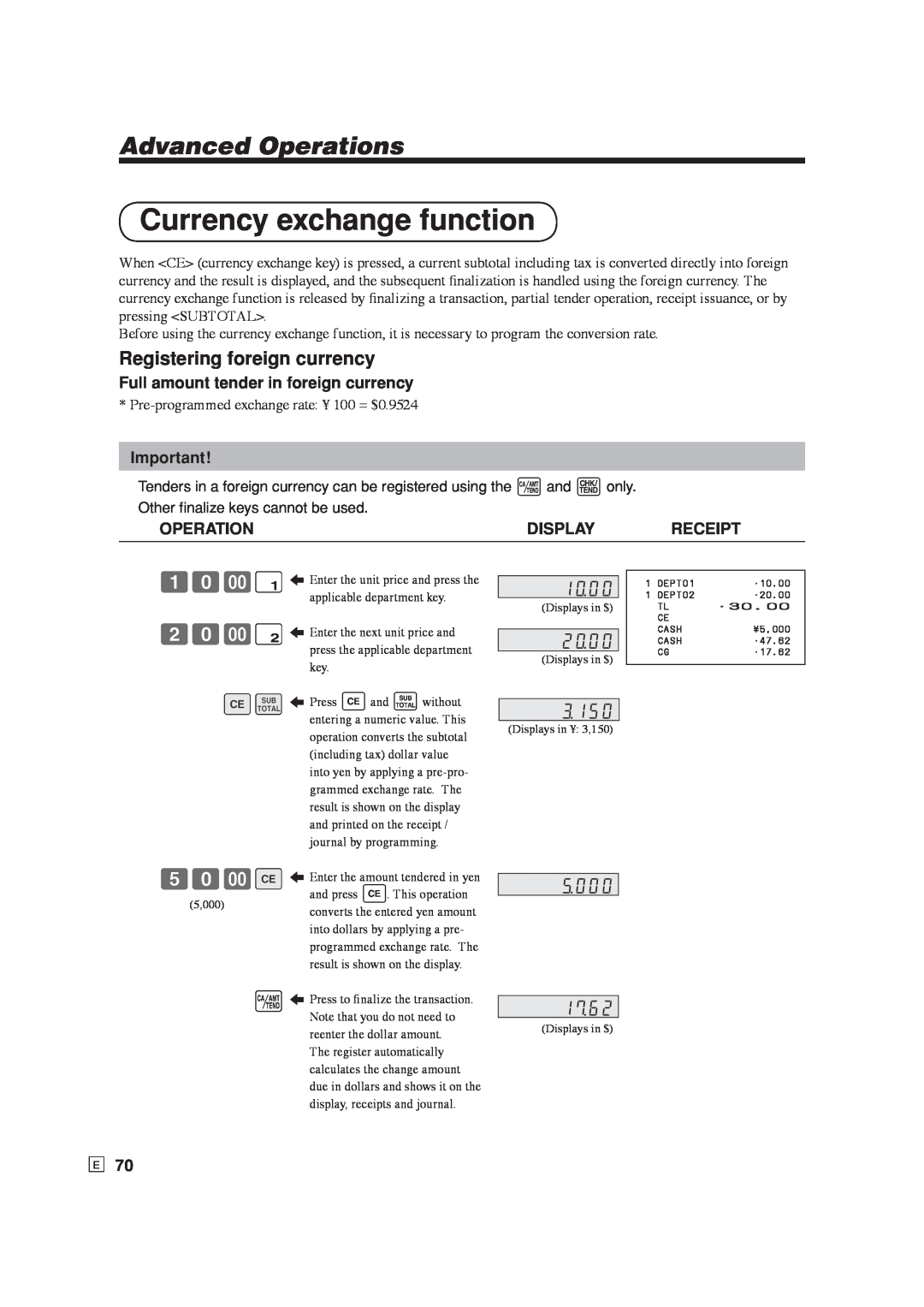 Casio SE-S6000 Currency exchange function, Registering foreign currency, 50-E, Full amount tender in foreign currency 