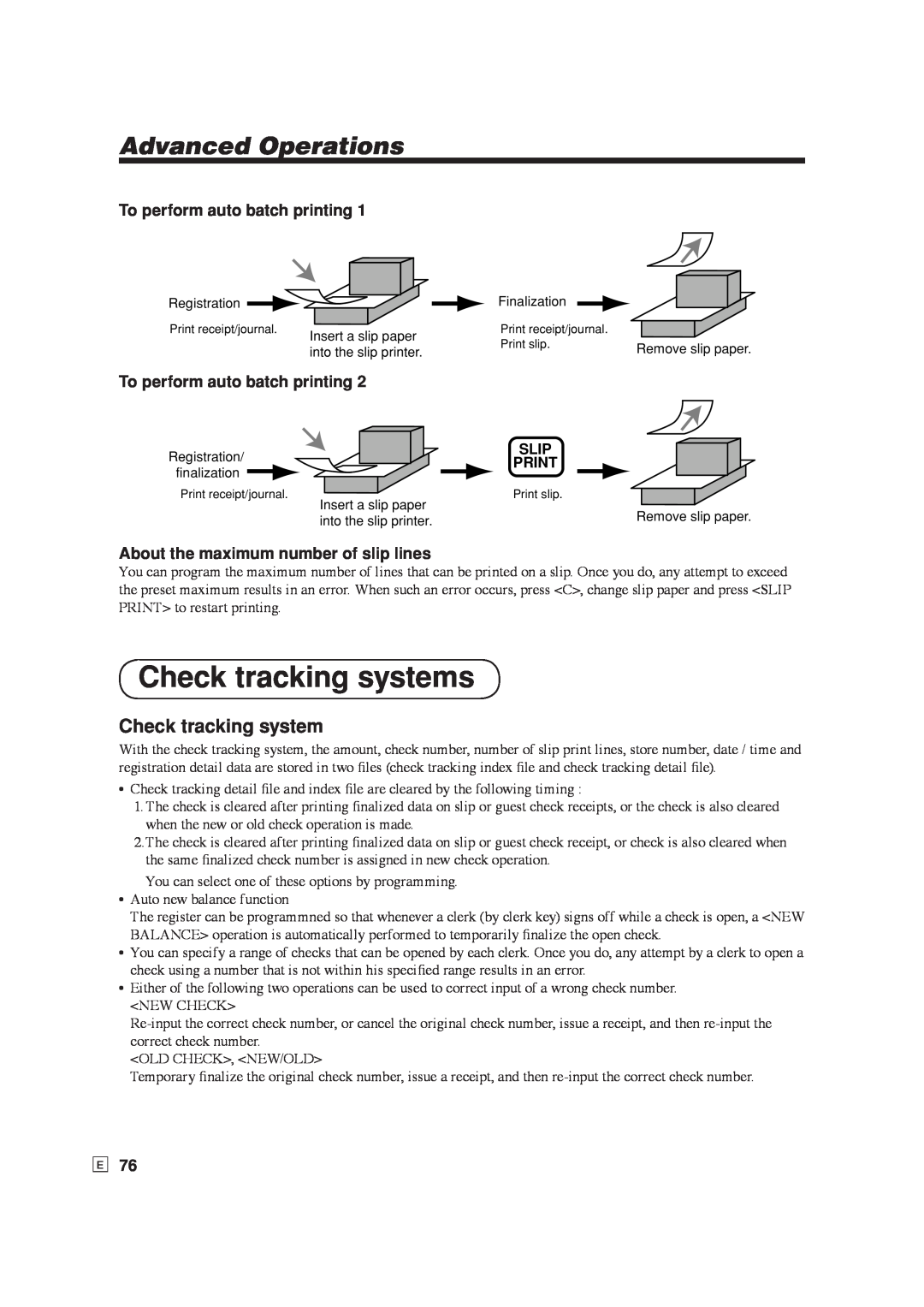Casio SE-S6000 Check tracking systems, To perform auto batch printing, About the maximum number of slip lines, Slip Print 