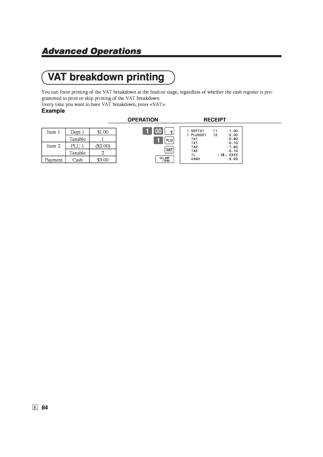 Casio SE-S6000, SE-C6000 user manual VAT breakdown printing, Advanced Operations, Example 