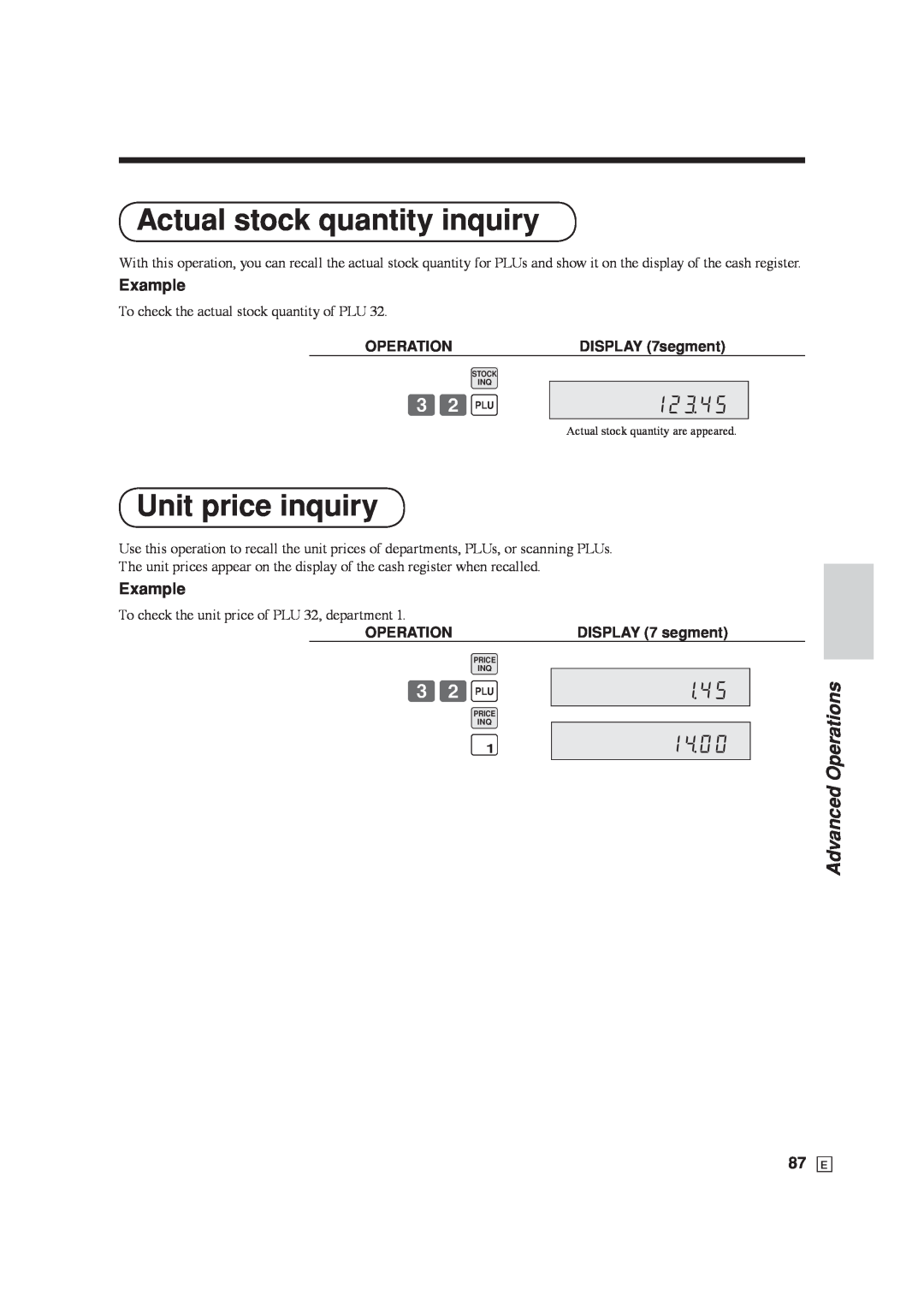 Casio SE-C6000 Actual stock quantity inquiry, Unit price inquiry, 12#45, 1$00, 87 E, Advanced Operations, Example 