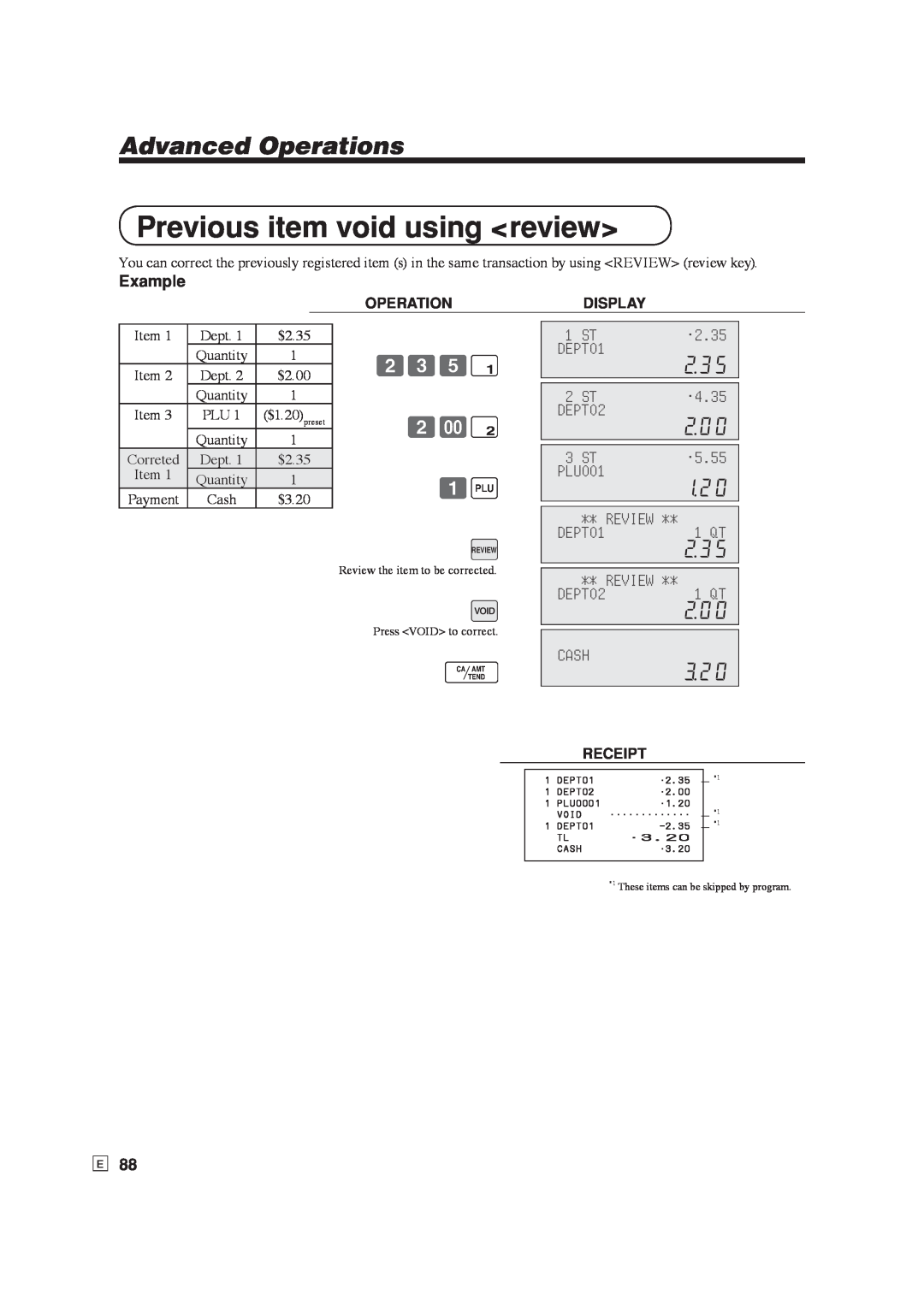 Casio SE-S6000 Previous item void using review, 2.35, DEPT01, 4.35, DEPT02, 5.55, PLU001, Review, 1 QT, Cash, Example 