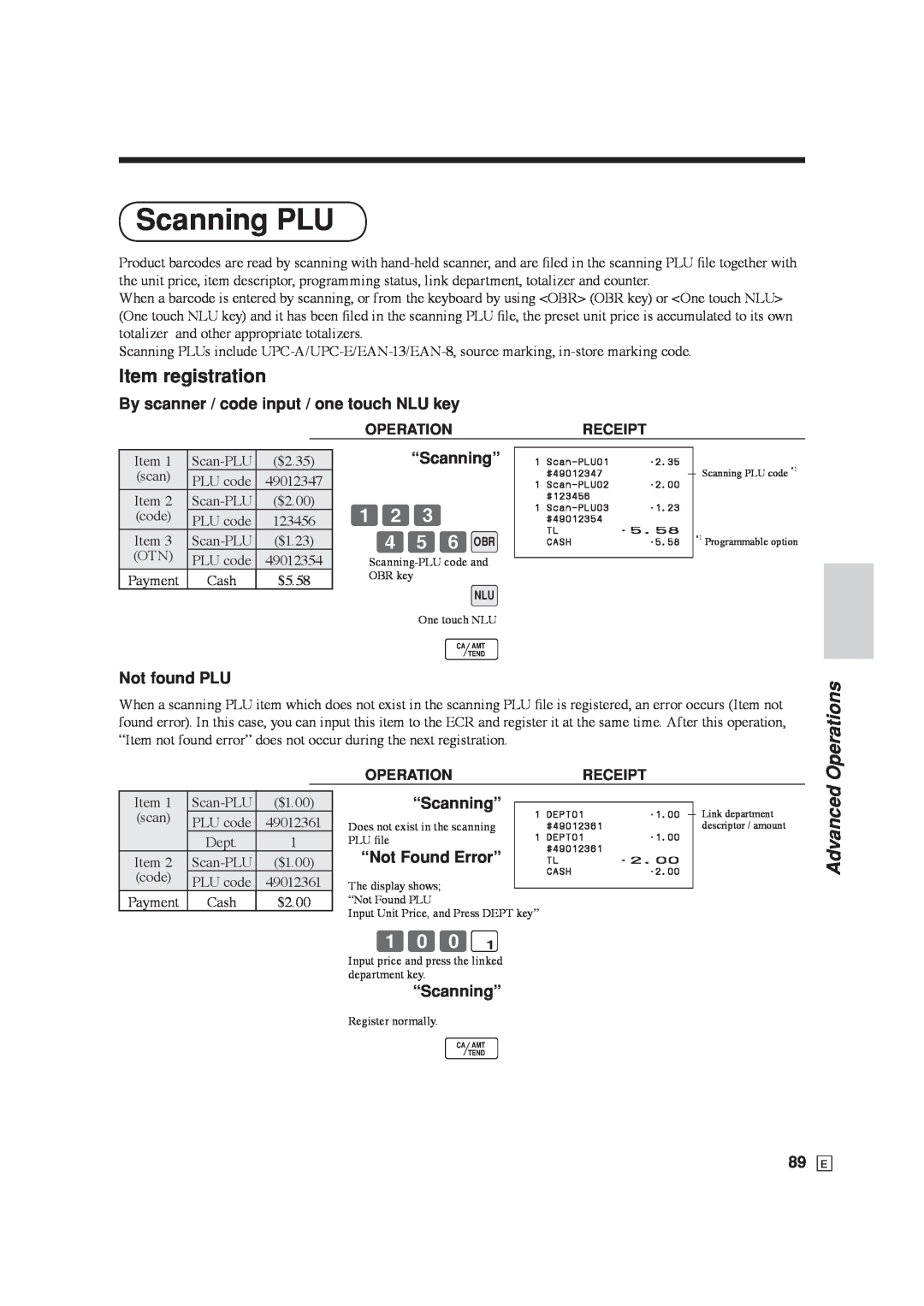 Casio SE-C6000 Scanning PLU, Item registration, 123 456BO R, By scanner / code input / one touch NLU key, Not found PLU 