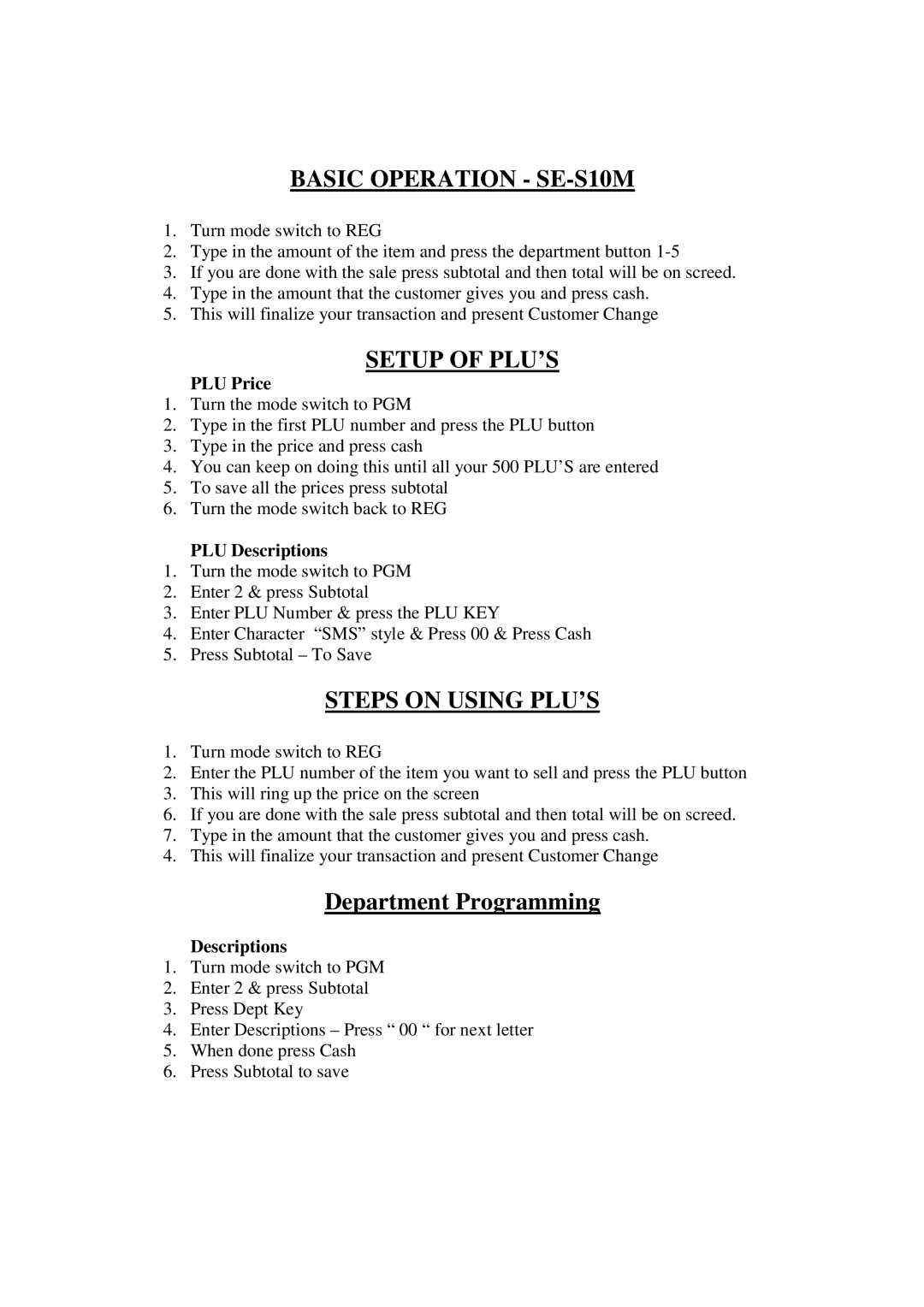 Casio SE-S10 M manual Basic Operation SE-S10M, Setup of PLU’S, Steps on Using PLU’S, Department Programming 