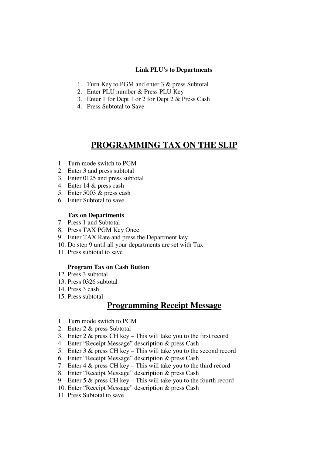 Casio SE-S10 M Programming TAX on the Slip, Programming Receipt Message, Link PLU’s to Departments, Tax on Departments 